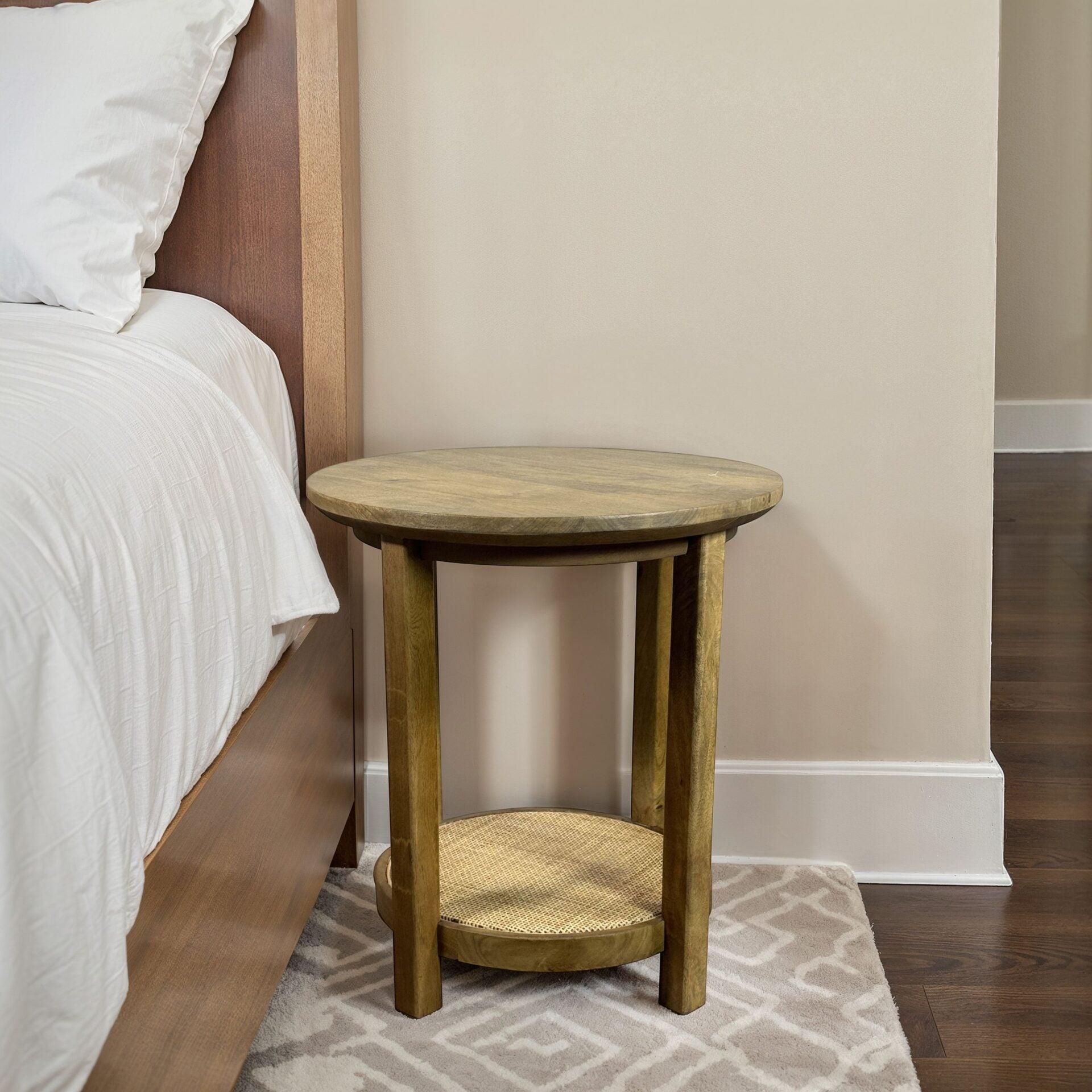 Haven 20" Round Accent Table with Blonde Acacia Finish and Cane Shelf