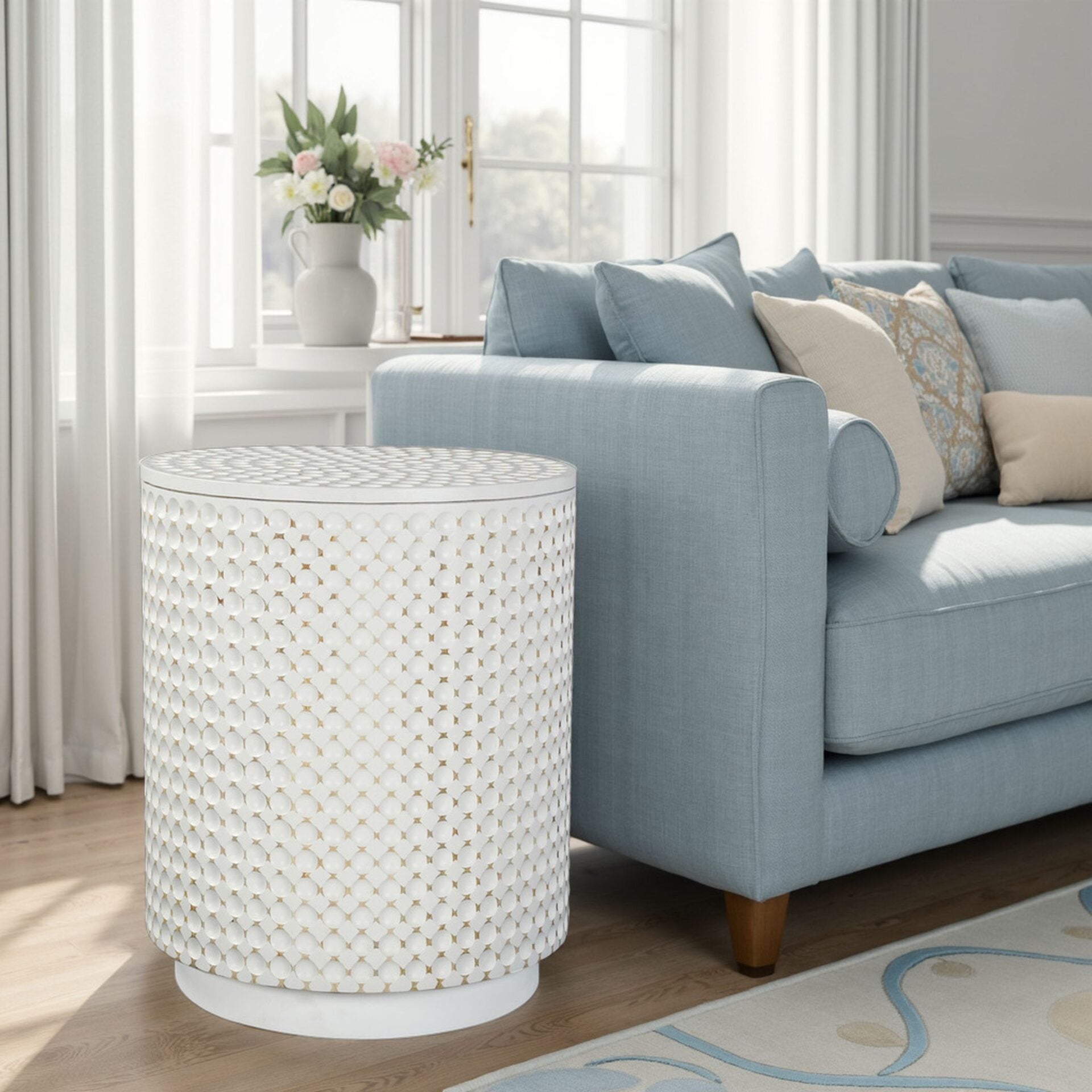 20" Round Dimple Accent Table Whitewash Finish