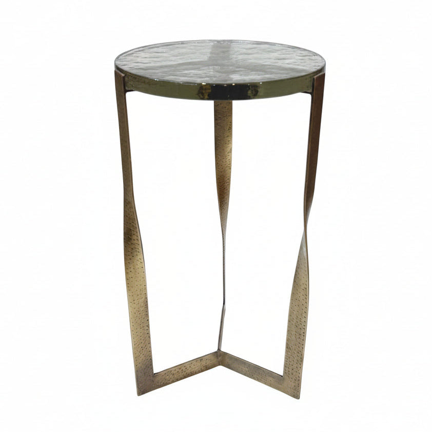 Castella Round Side Table Hammered Brass Frame Twisted Legs Recycled Glass Top