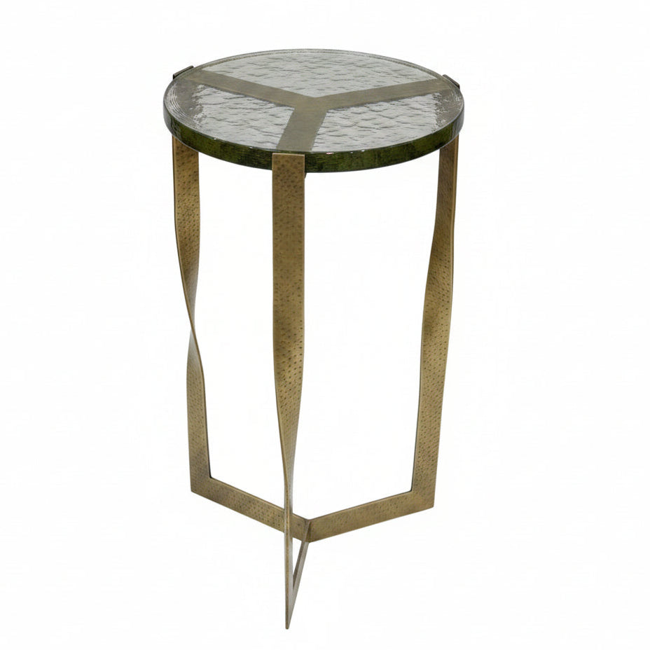 Castella Round Side Table Hammered Brass Frame Twisted Legs Recycled Glass Top