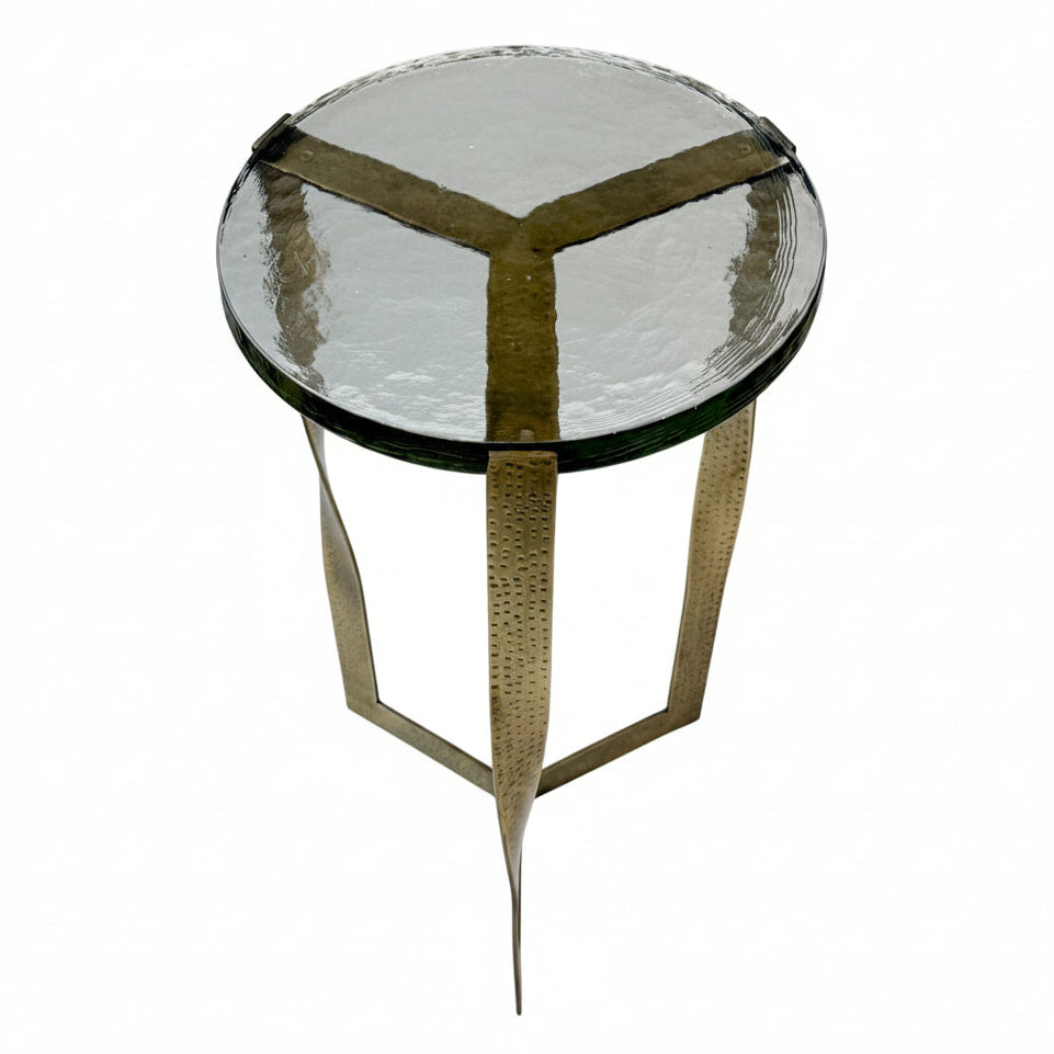 Castella Round Side Table Hammered Brass Frame Twisted Legs Recycled Glass Top