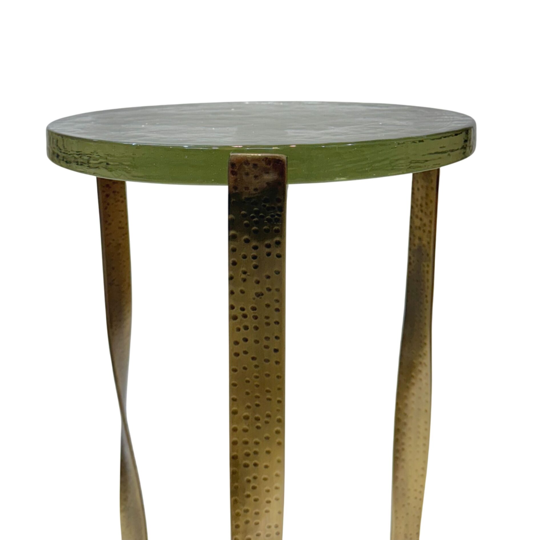 Castella Round Side Table Hammered Brass Frame Twisted Legs Recycled Glass Top