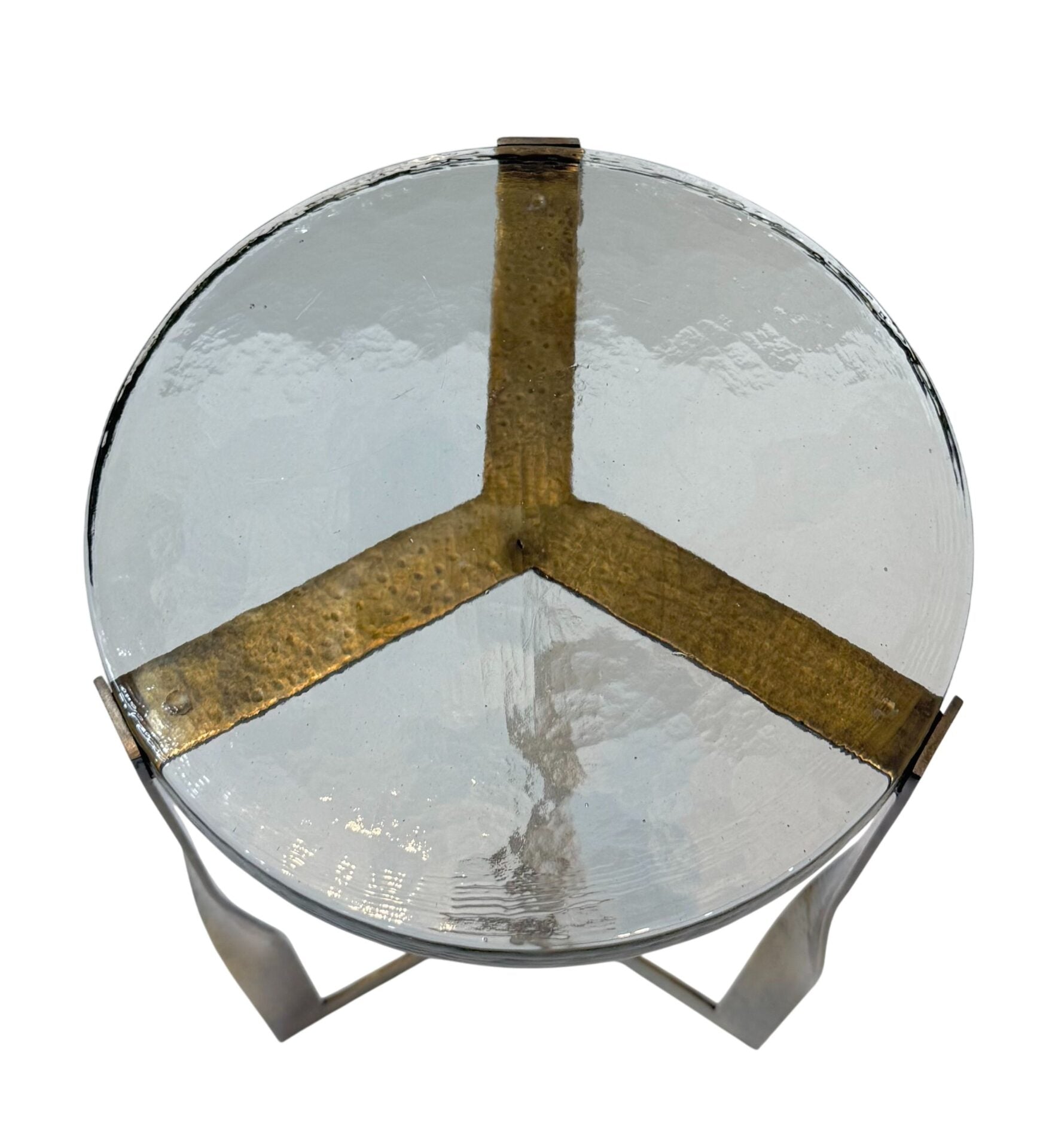 Castella Round Side Table Hammered Brass Frame Twisted Legs Recycled Glass Top