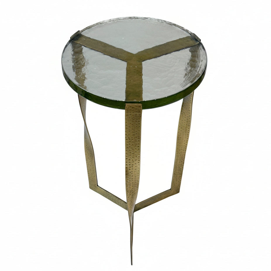 Castella Round Side Table Hammered Brass Frame Twisted Legs Recycled Glass Top