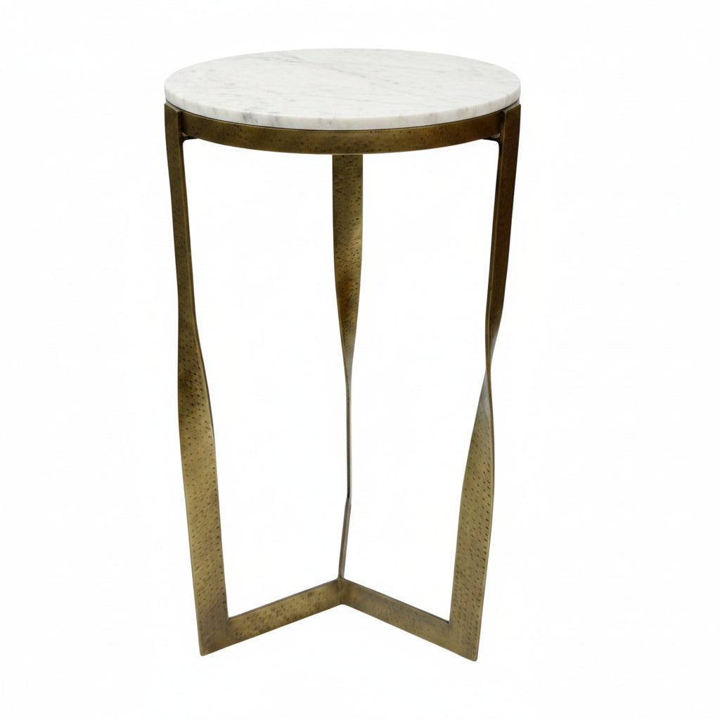 Castella Round Side Table Hammered Brass Frame Twisted Legs Recycled Glass Top