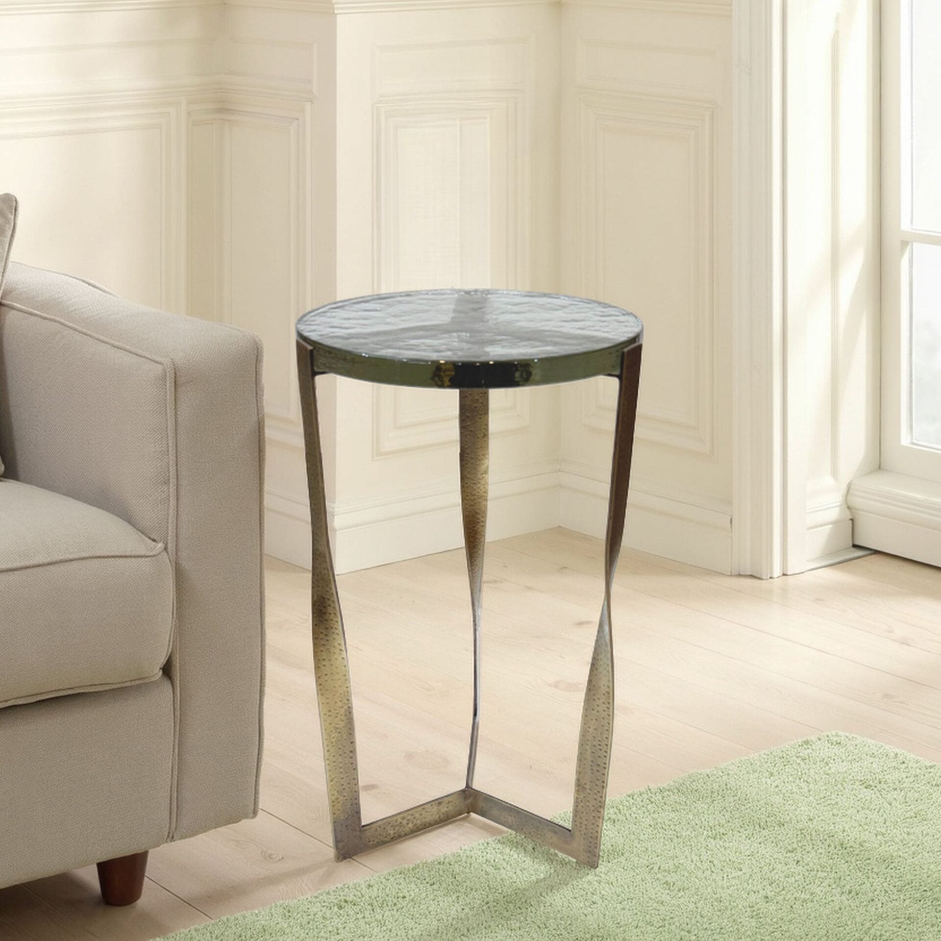 Castella Round Side Table Hammered Brass Frame Twisted Legs Recycled Glass Top