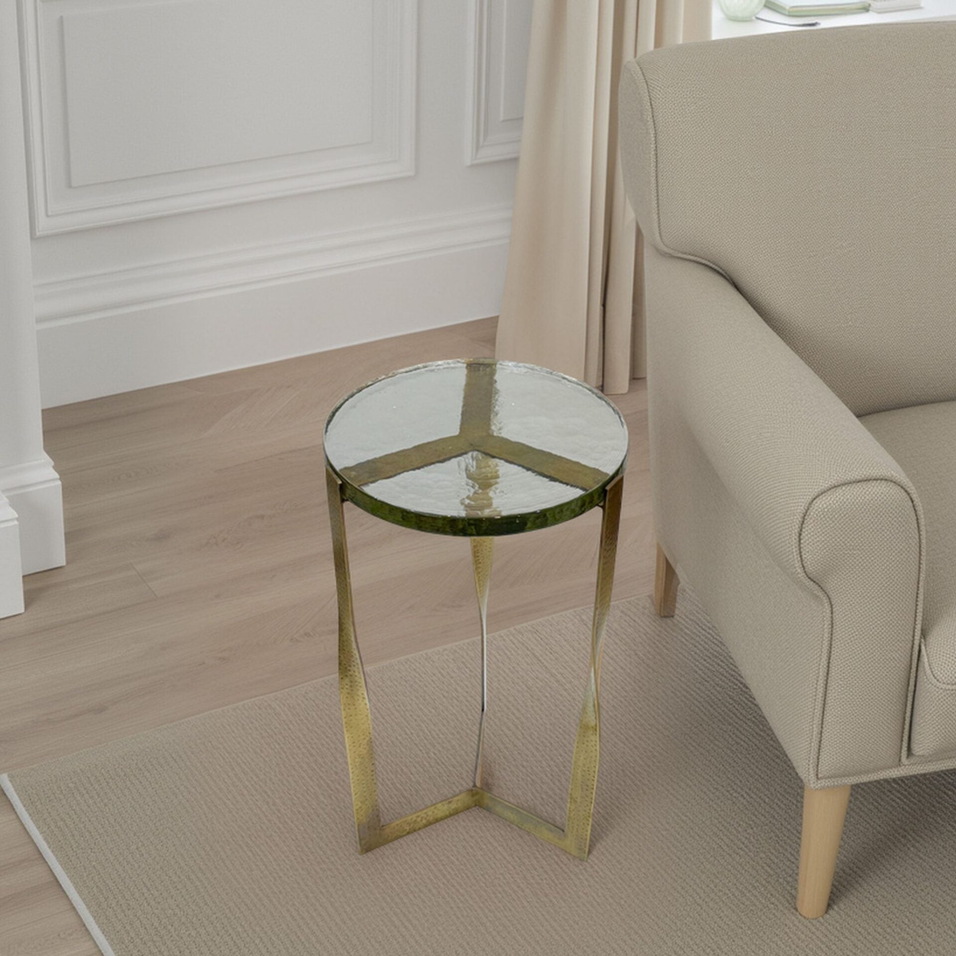 Castella Round Side Table Hammered Brass Frame Twisted Legs Recycled Glass Top