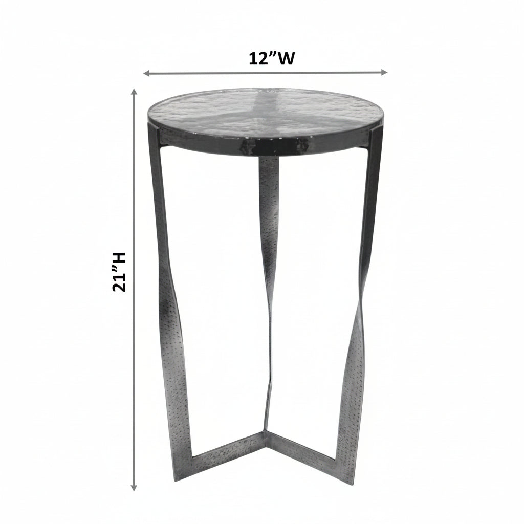 Castella Round Side Table Hammered Brass Frame Twisted Legs Recycled Glass Top