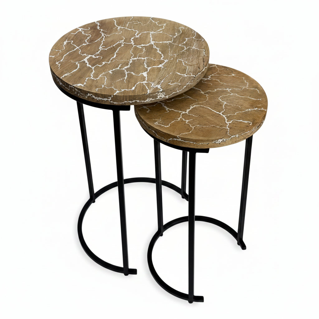 Electra Round Nesting Accent Table Set, Mango Wood Tops with Lightning Pattern, Black Iron Frame, 2-Piece