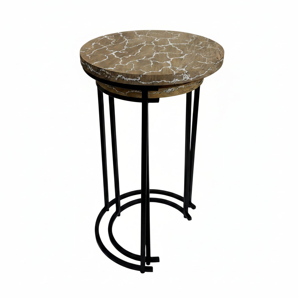 Electra Round Nesting Accent Table Set, Mango Wood Tops with Lightning Pattern, Black Iron Frame, 2-Piece