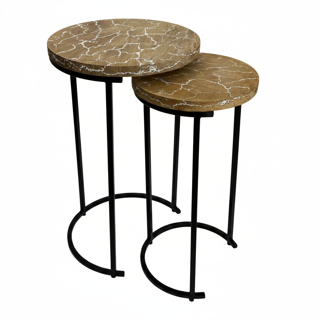 Electra Round Nesting Accent Table Set, Mango Wood Tops with Lightning Pattern, Black Iron Frame, 2-Piece
