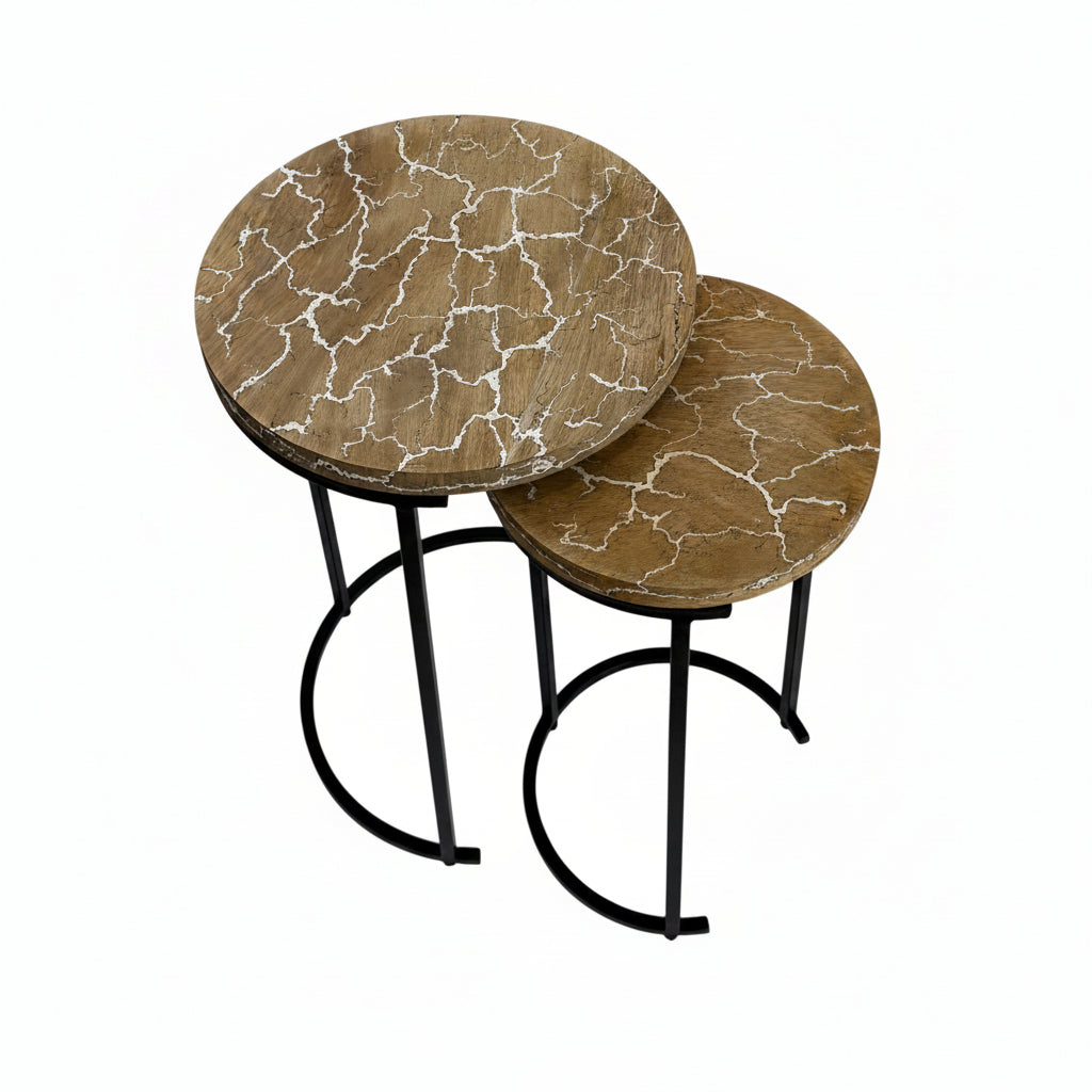 Electra Round Nesting Accent Table Set, Mango Wood Tops with Lightning Pattern, Black Iron Frame, 2-Piece