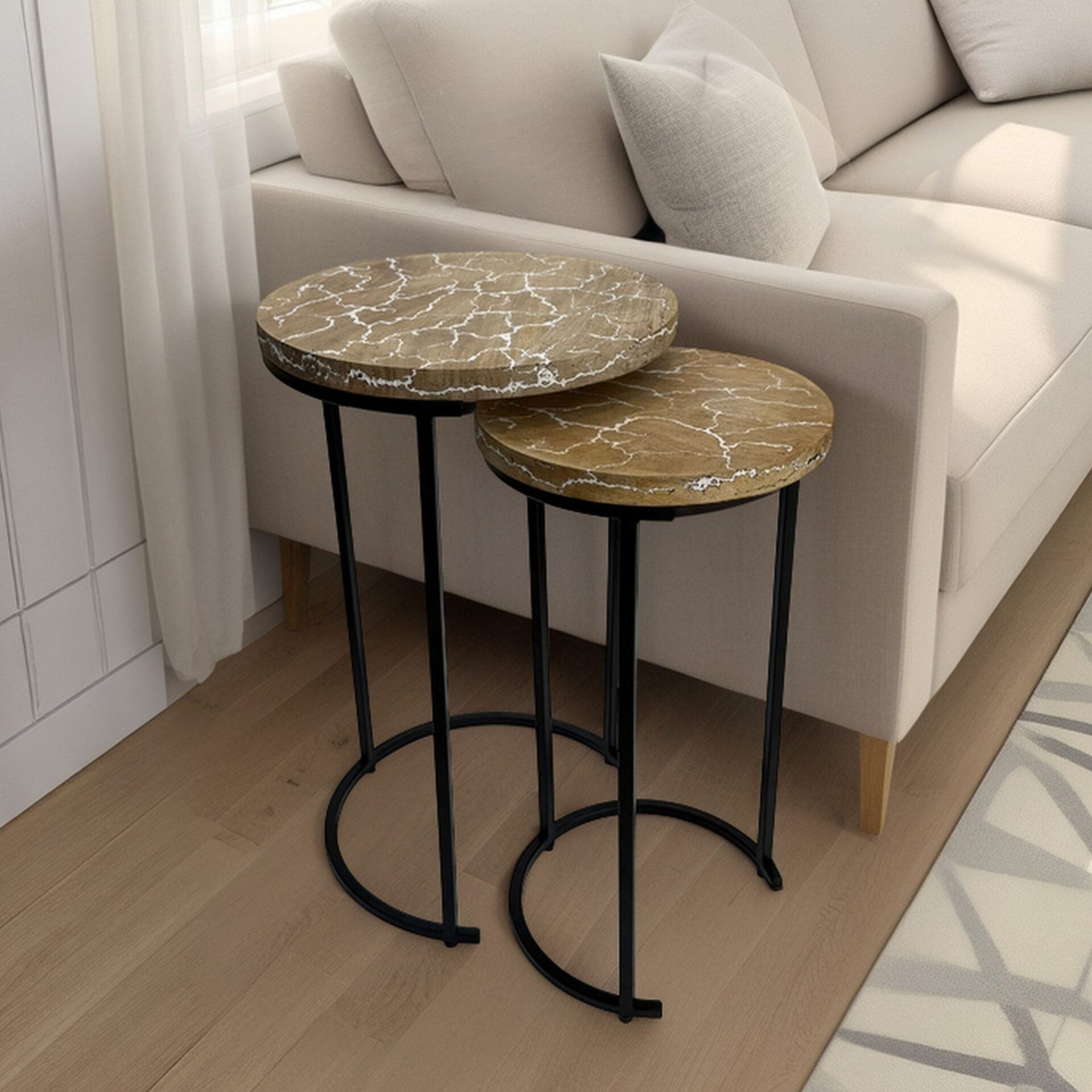 Electra Round Nesting Accent Table Set, Mango Wood Tops with Lightning Pattern, Black Iron Frame, 2-Piece