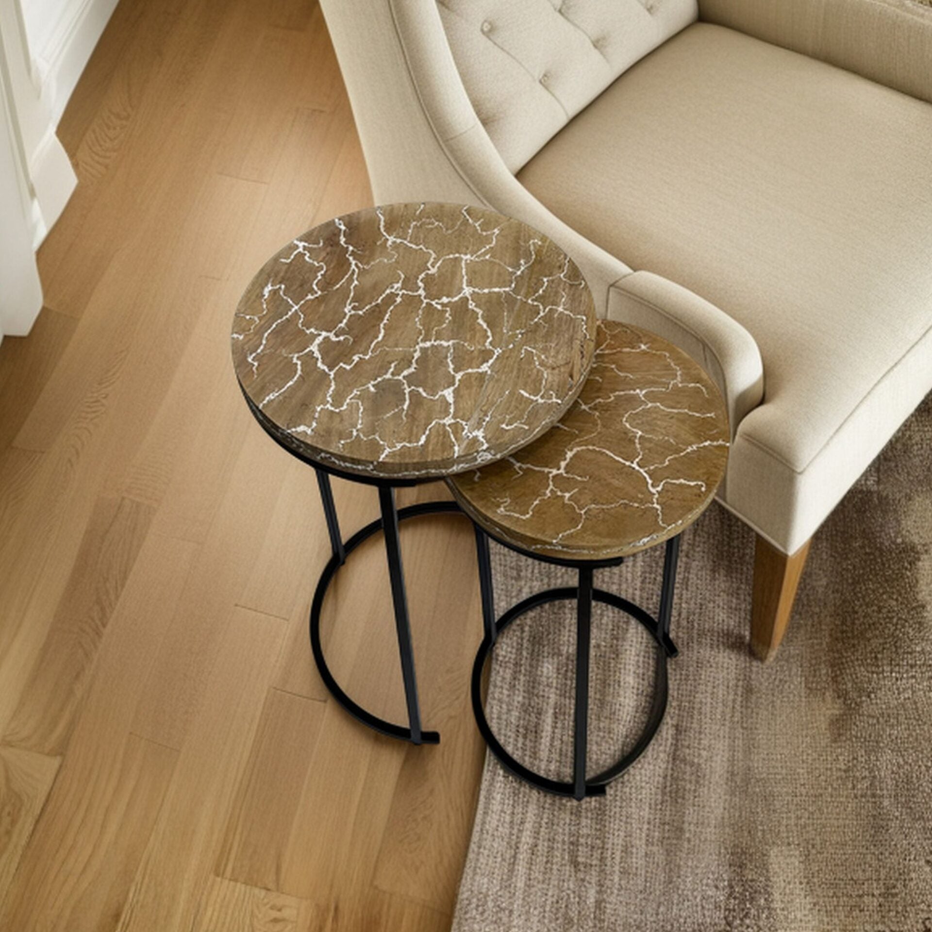 Electra Round Nesting Accent Table Set, Mango Wood Tops with Lightning Pattern, Black Iron Frame, 2-Piece