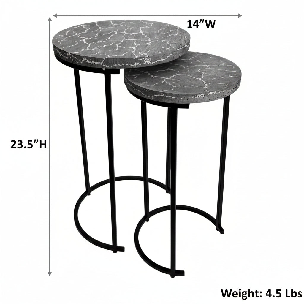Electra Round Nesting Accent Table Set, Mango Wood Tops with Lightning Pattern, Black Iron Frame, 2-Piece