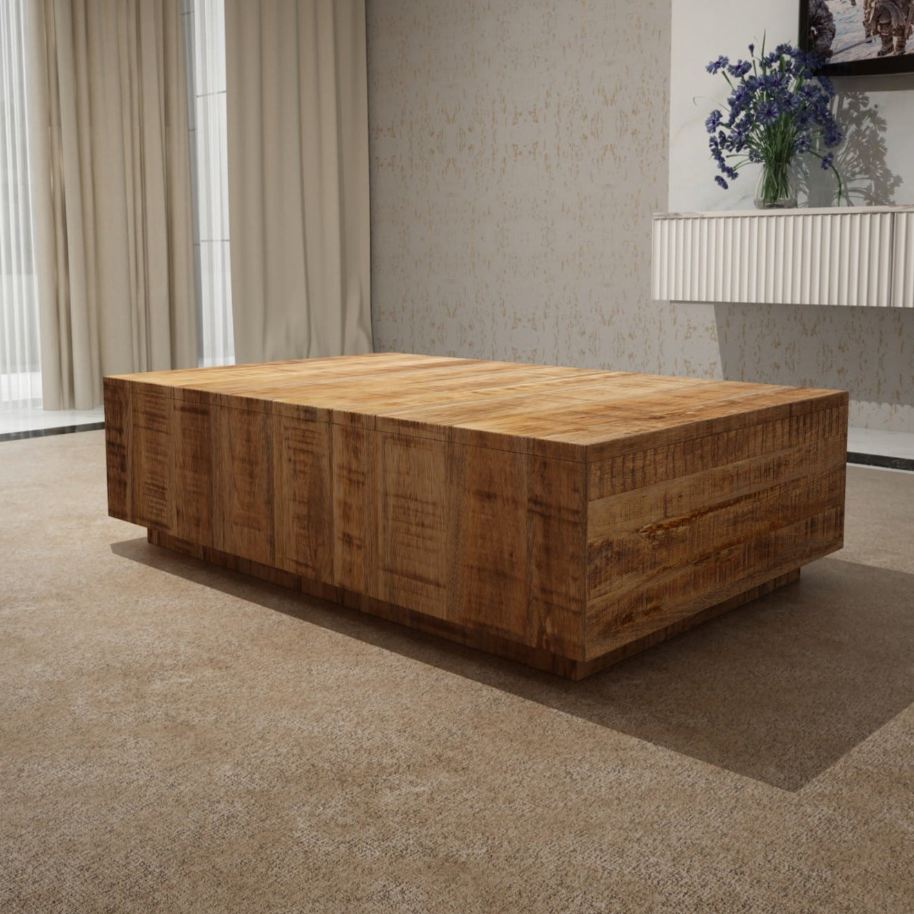 Rough Mango Wood Block Coffee Table, Brown