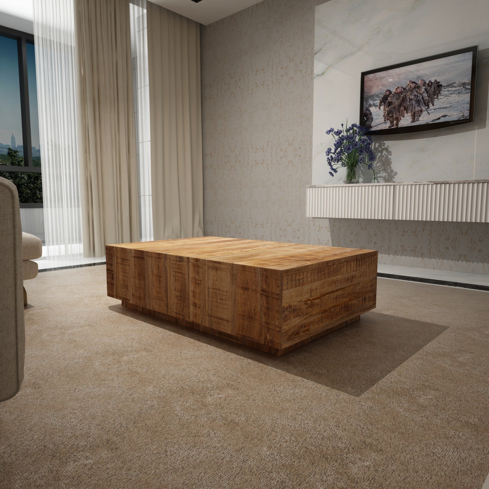 Rough Mango Wood Block Coffee Table, Brown
