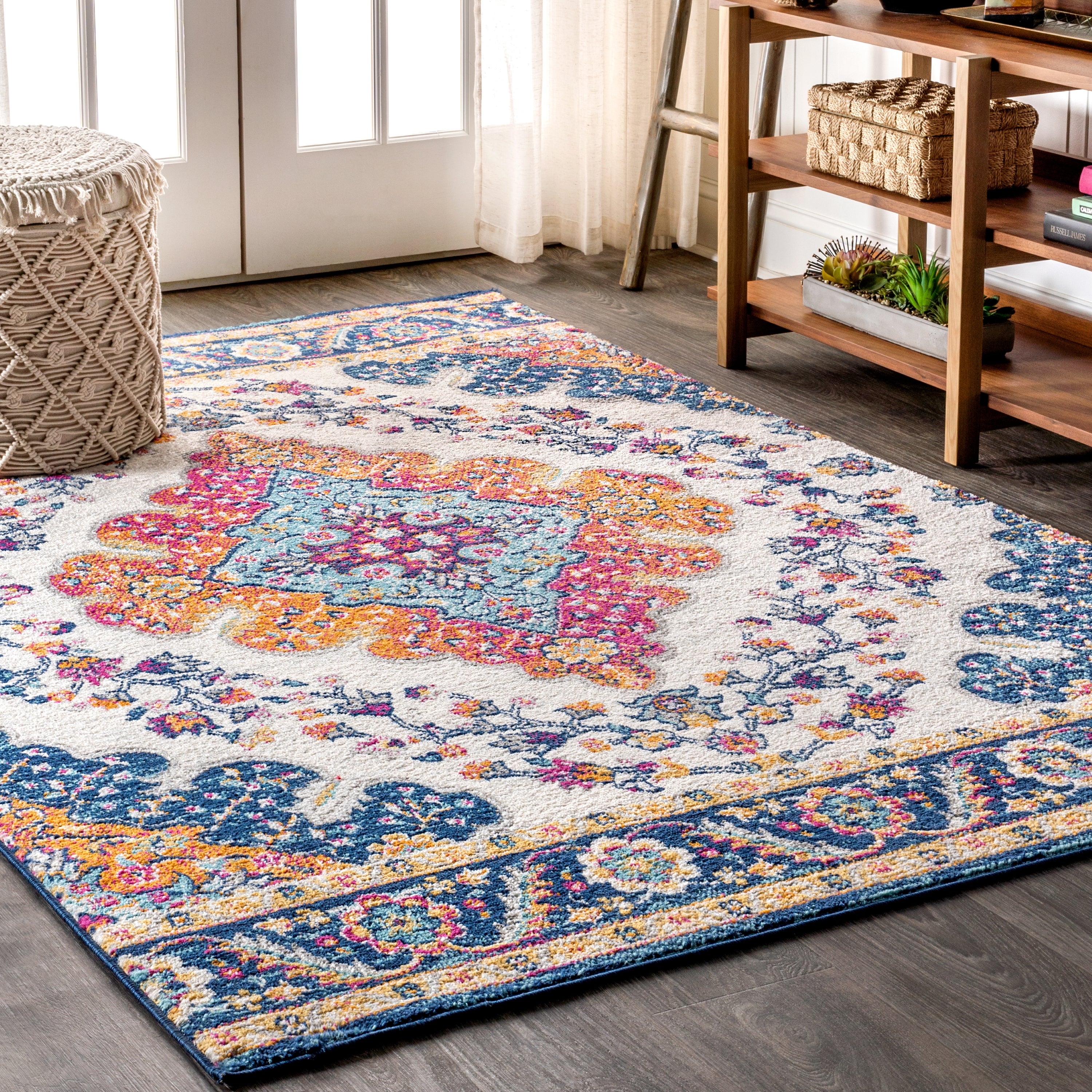 Bohemian FLAIR Blue & Orange Boho Vintage Medallion Area Rug