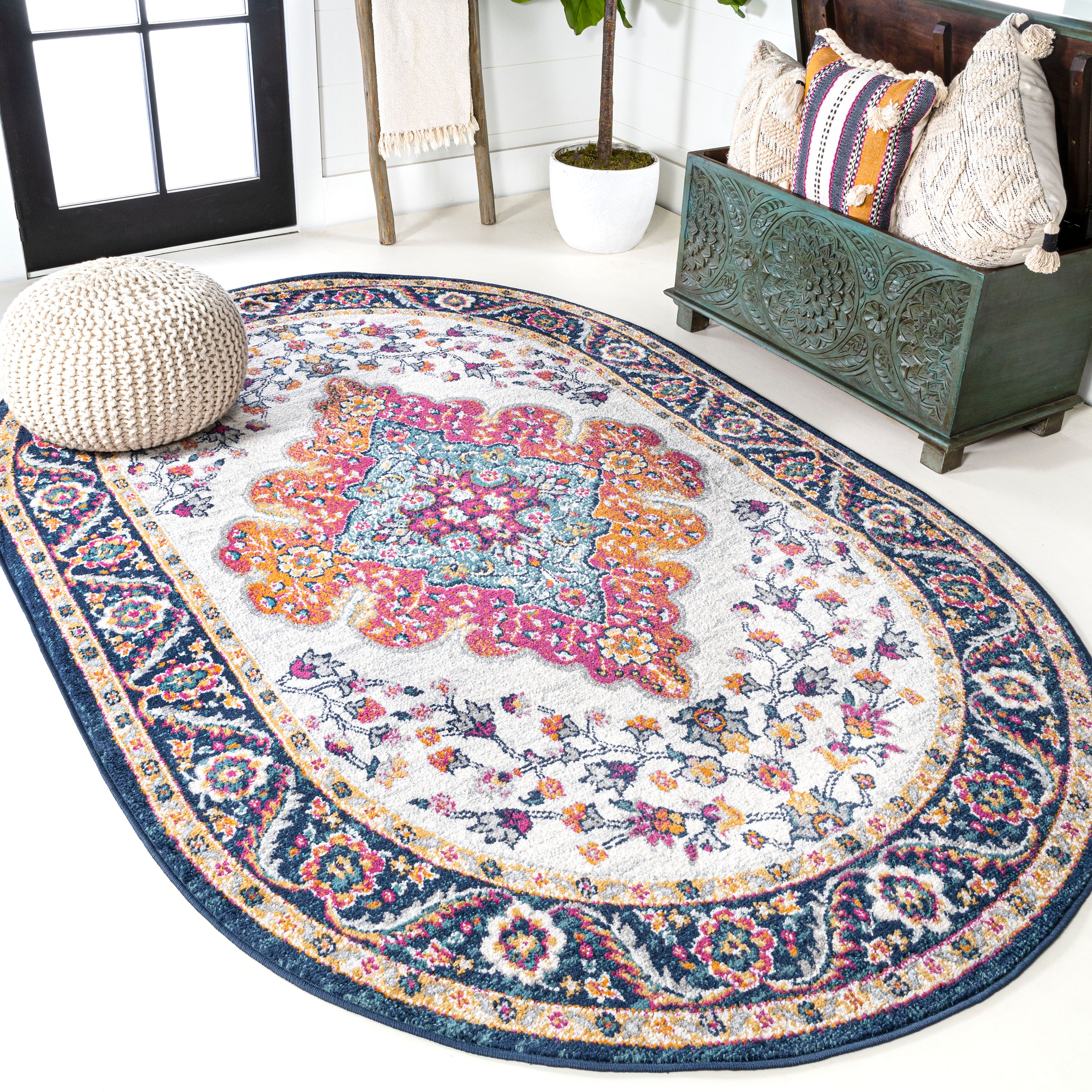 Bohemian FLAIR Blue & Orange Boho Vintage Medallion Area Rug