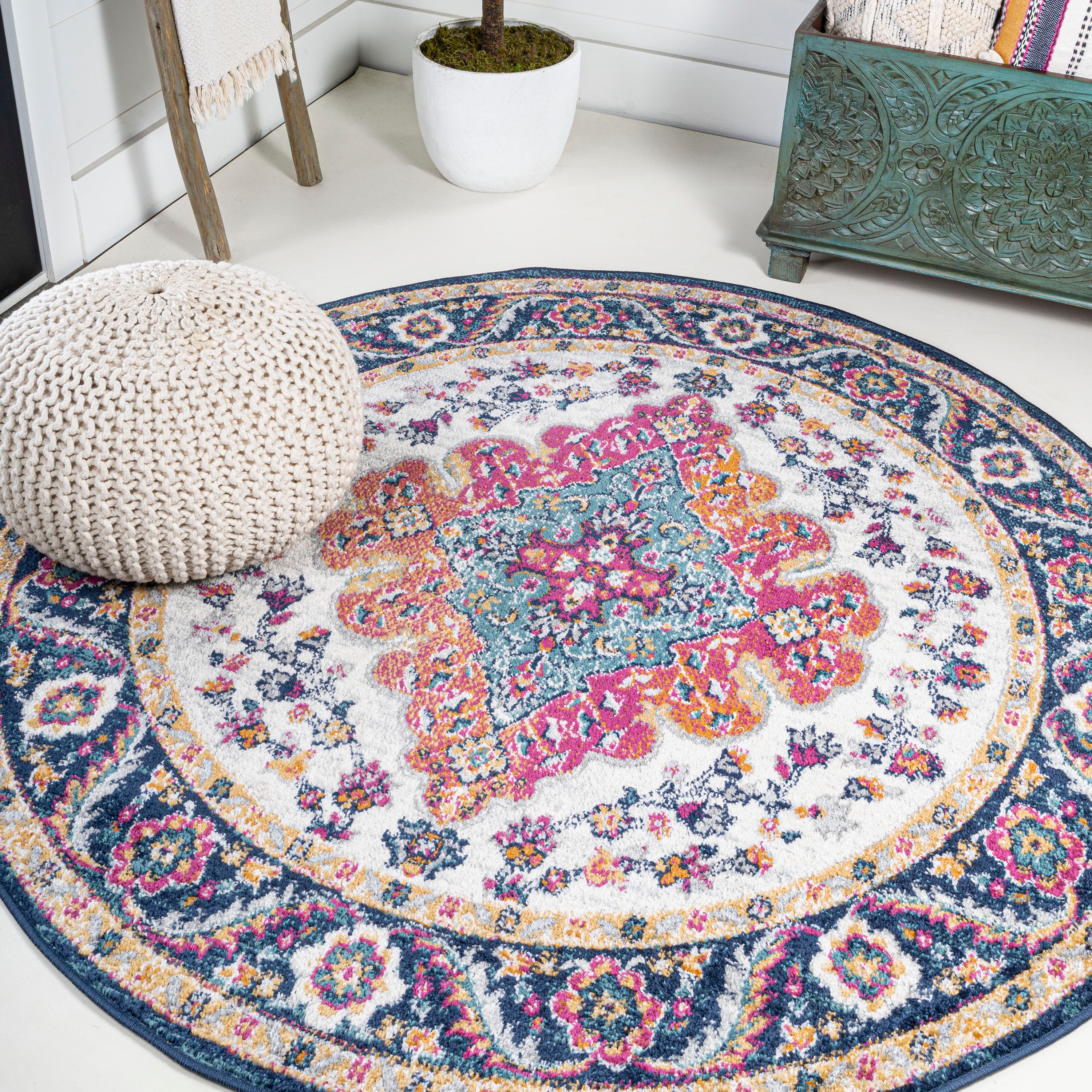 Bohemian FLAIR Blue & Orange Boho Vintage Medallion Area Rug