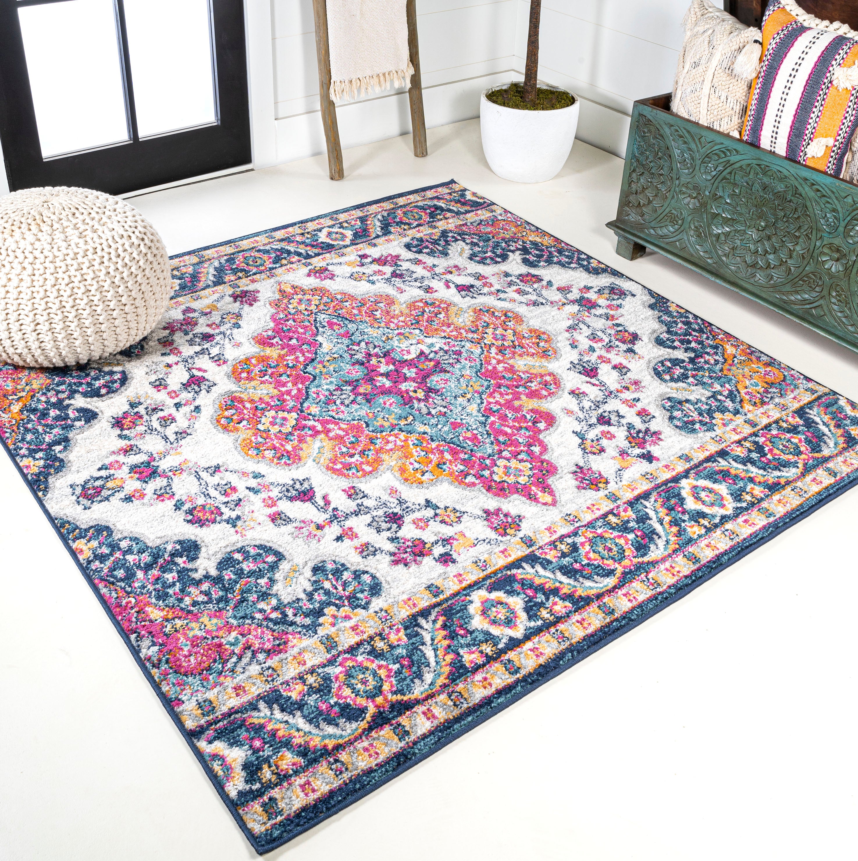 Bohemian FLAIR Blue & Orange Boho Vintage Medallion Area Rug