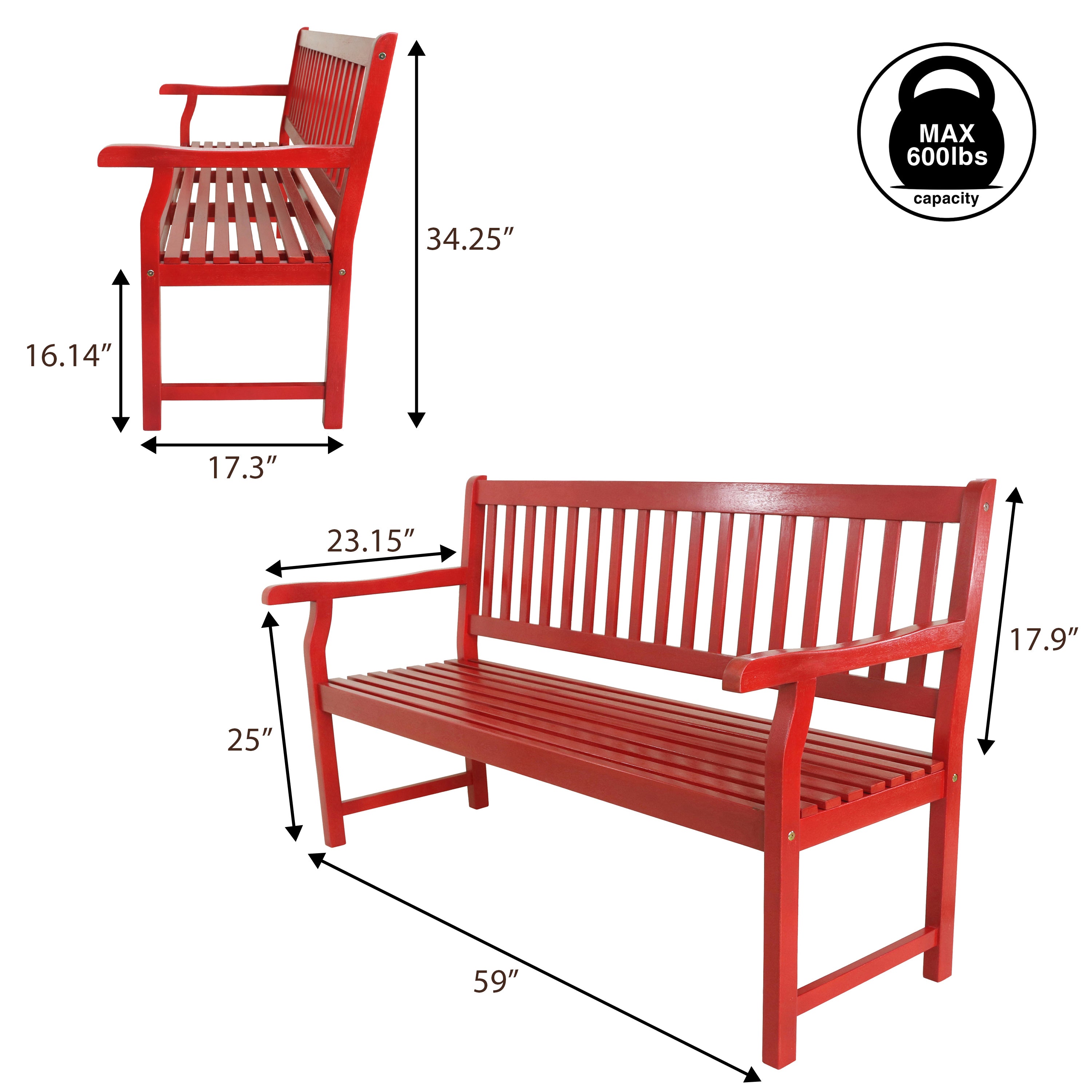 Laurel 3-Seat Slat-Back 600-Lbs Support Acacia Wood Outdoor Garden Patio Bench