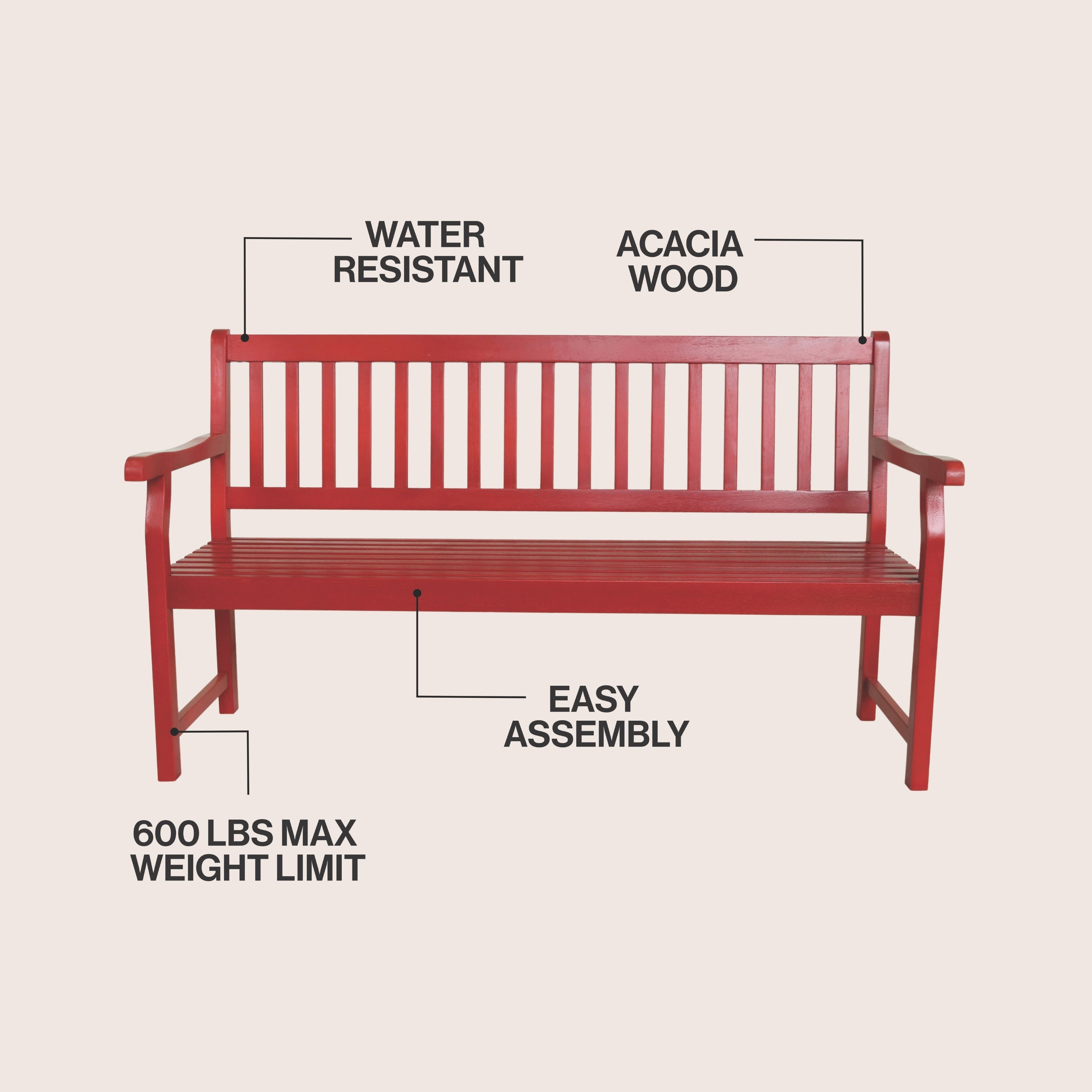 Laurel 3-Seat Slat-Back 600-Lbs Support Acacia Wood Outdoor Garden Patio Bench