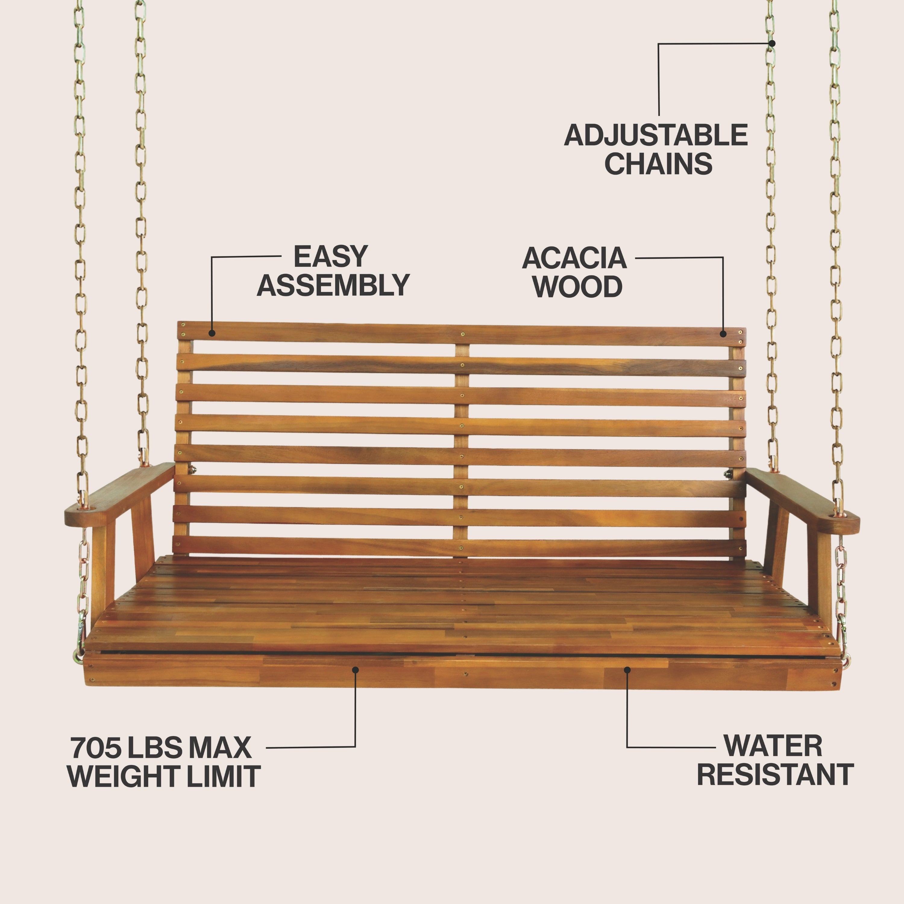 Natura Coastal Farmhouse 2-Seat Slate-Back Acacia Wood Outdoor Porch Swing