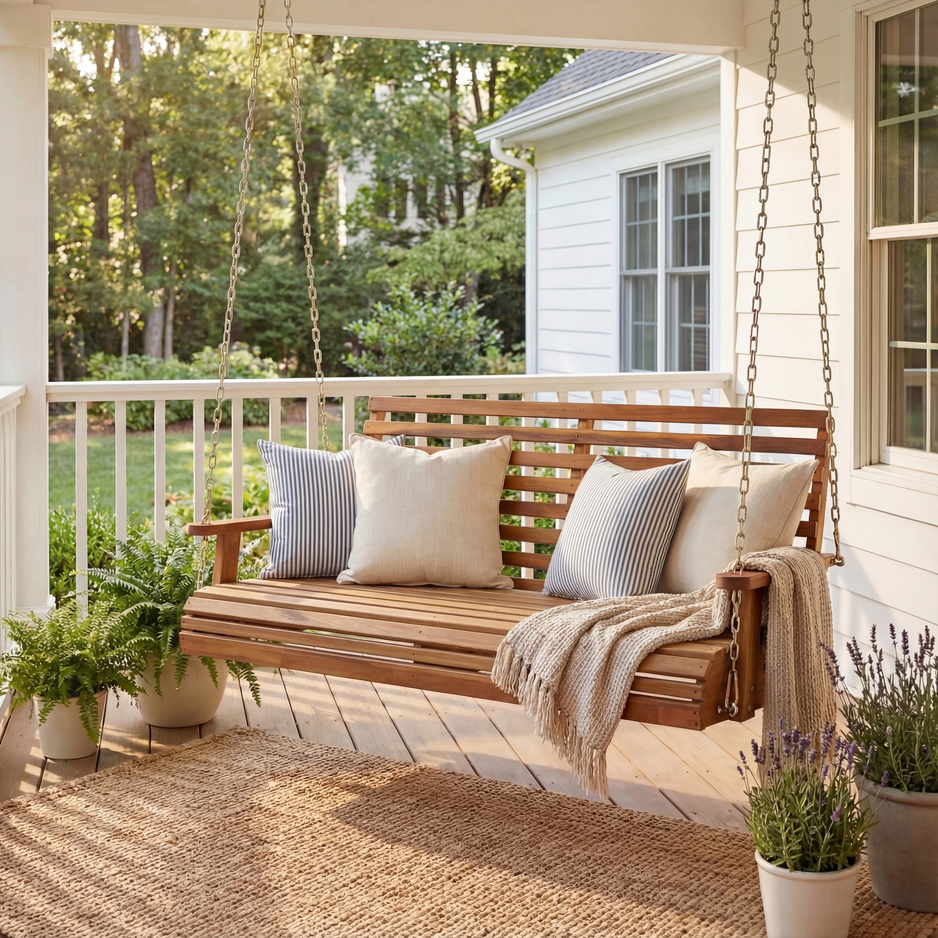 Natura Coastal Farmhouse 2-Seat Slate-Back Acacia Wood Outdoor Porch Swing