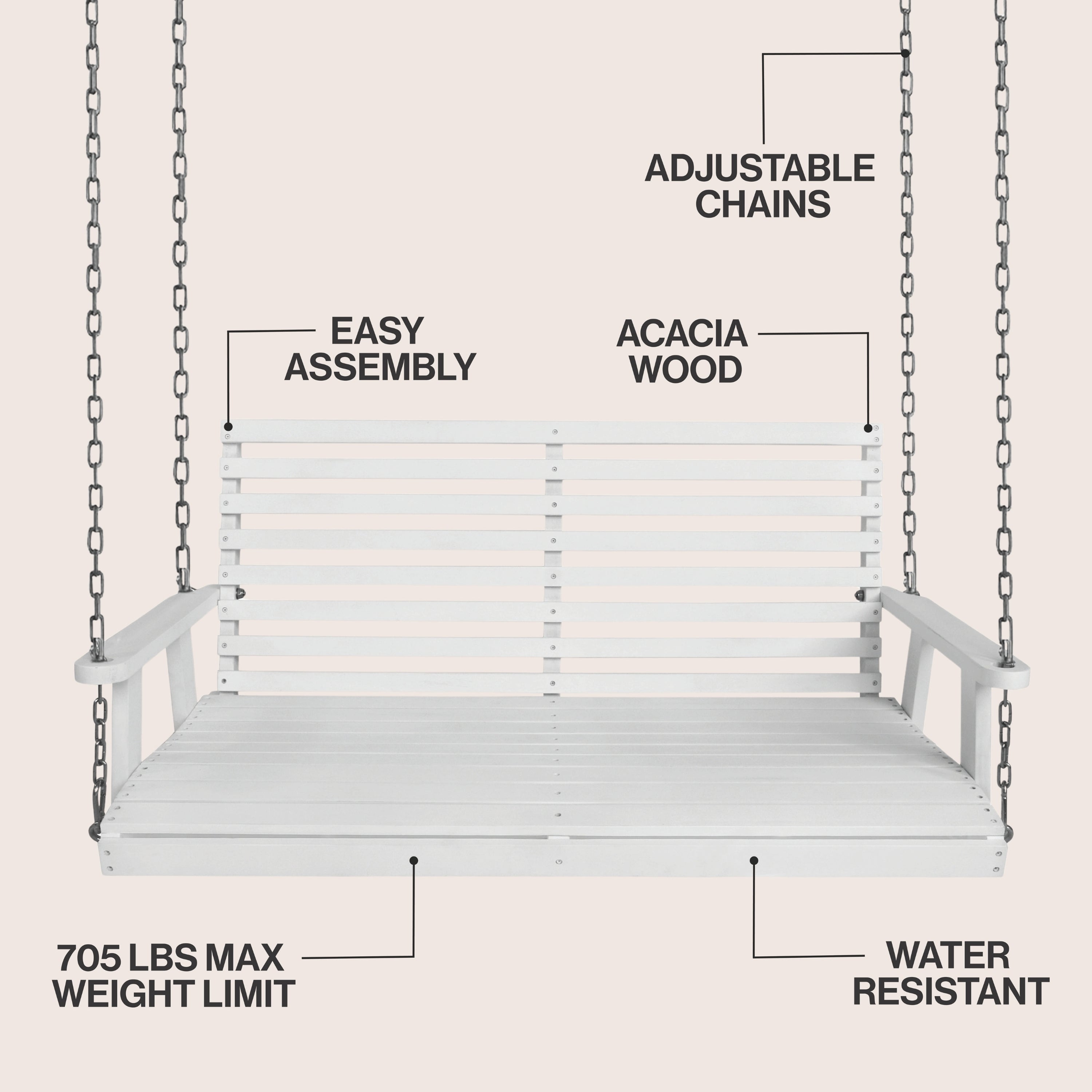 Natura Coastal Farmhouse 2-Seat Slate-Back Acacia Wood Outdoor Porch Swing