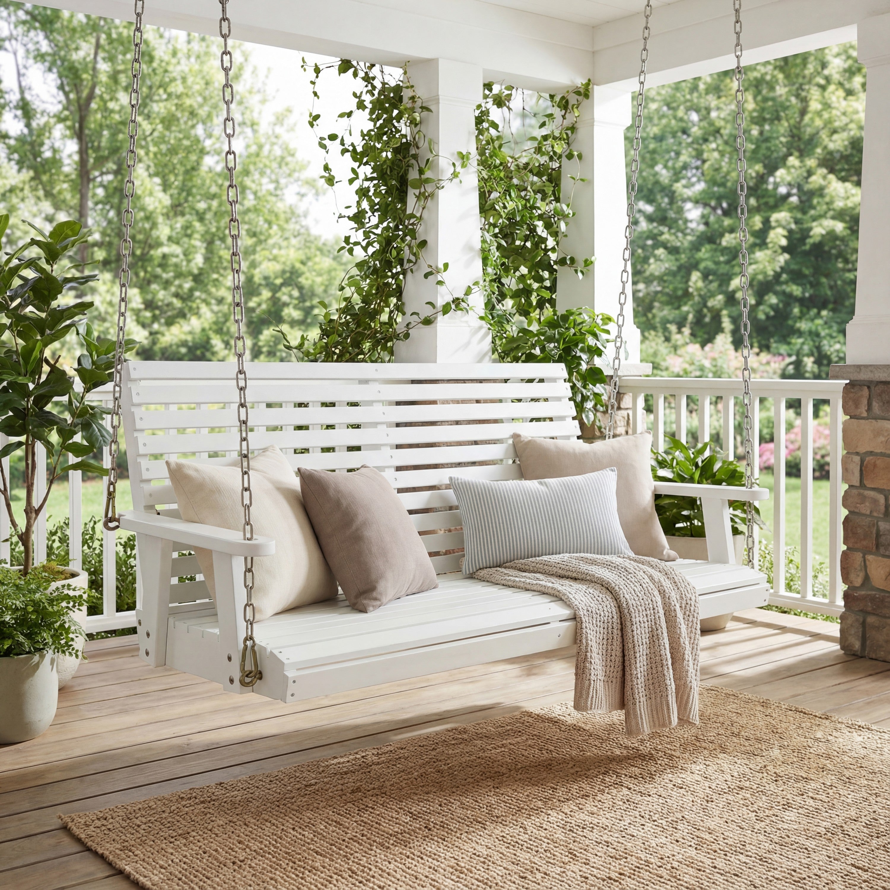 Natura Coastal Farmhouse 2-Seat Slate-Back Acacia Wood Outdoor Porch Swing