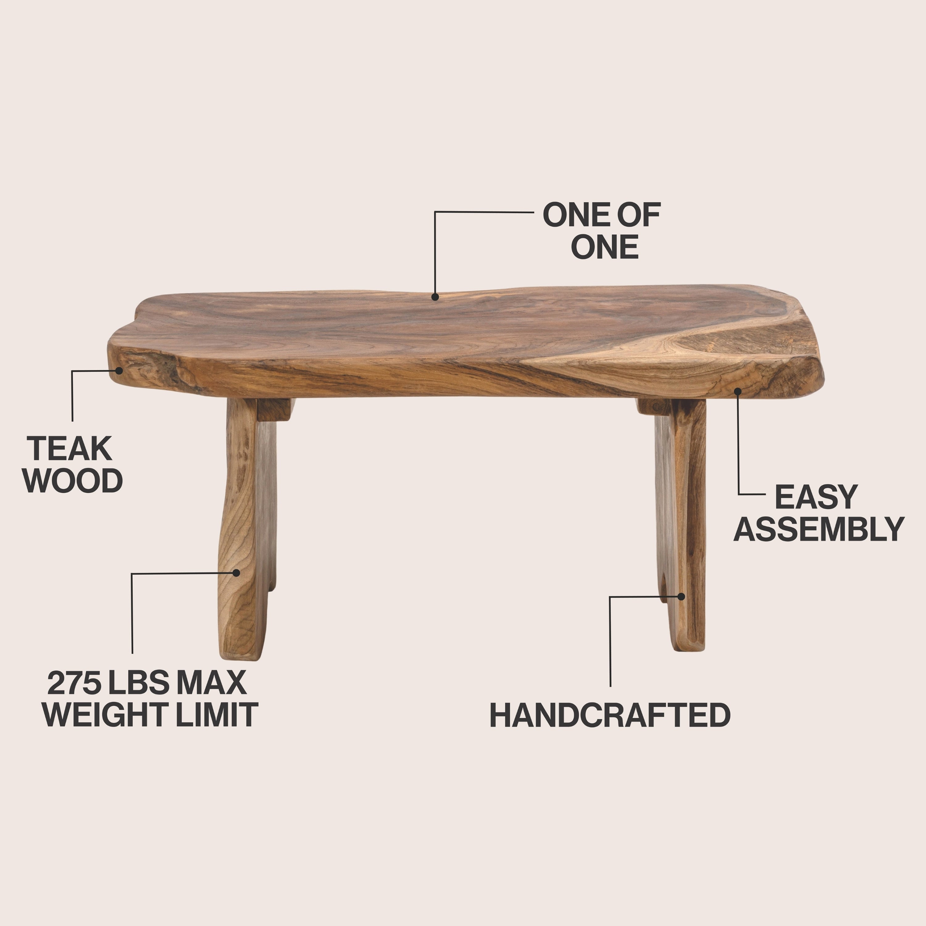 Stumpy Handcrafted Rustic Minimalist Live Edge Solid Teak Wood Entryway Bench