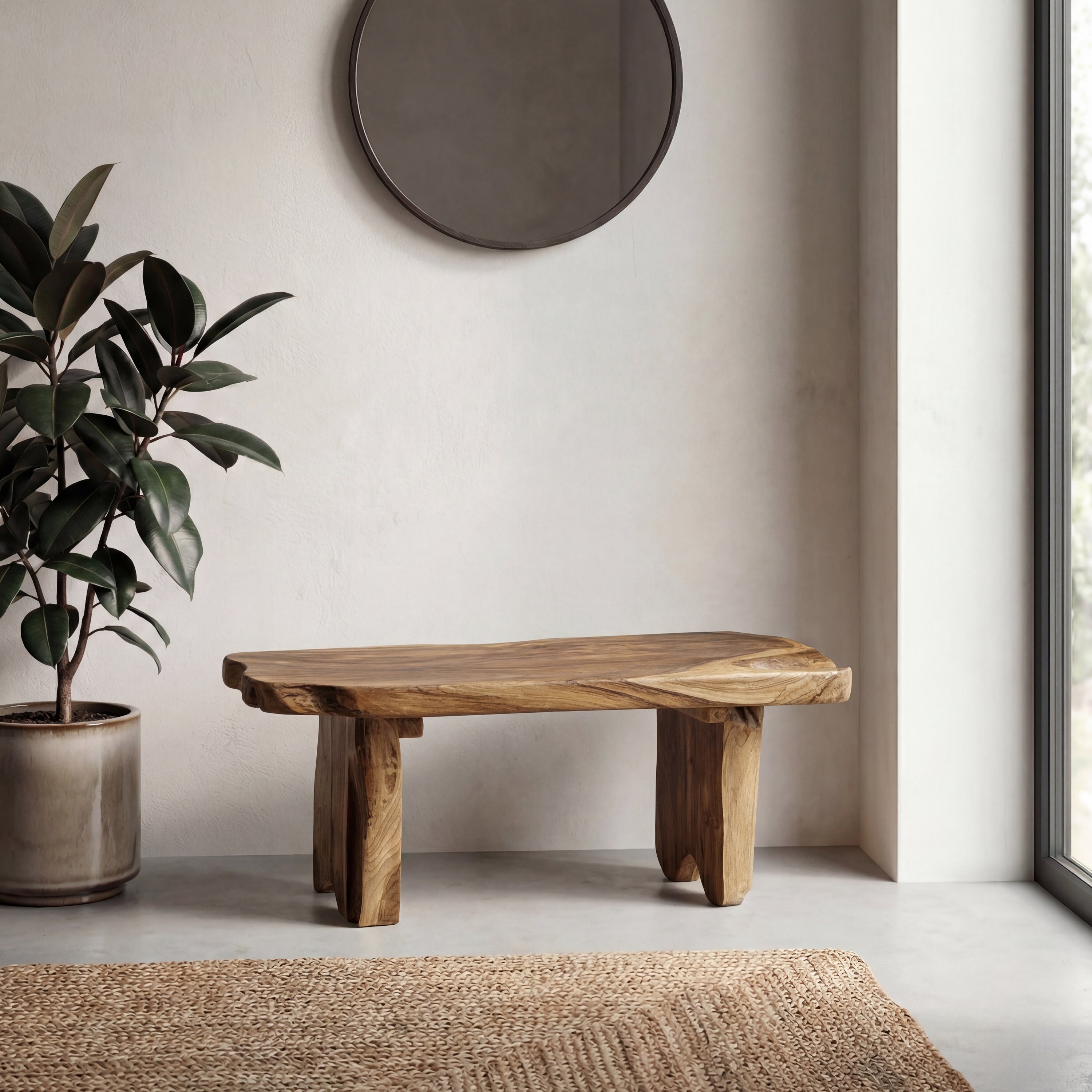 Stumpy Handcrafted Rustic Minimalist Live Edge Solid Teak Wood Entryway Bench