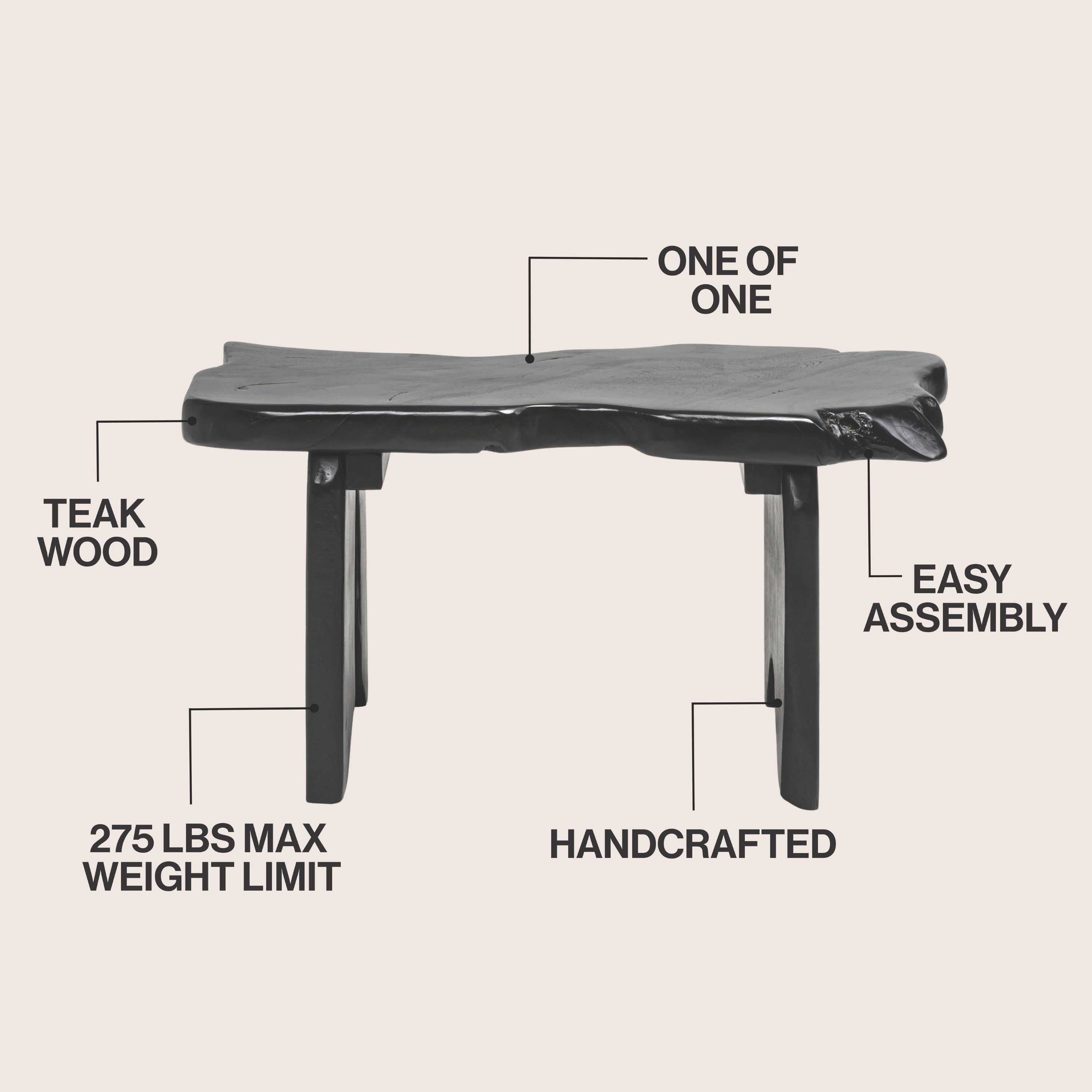 Stumpy Handcrafted Rustic Minimalist Live Edge Solid Teak Wood Entryway Bench