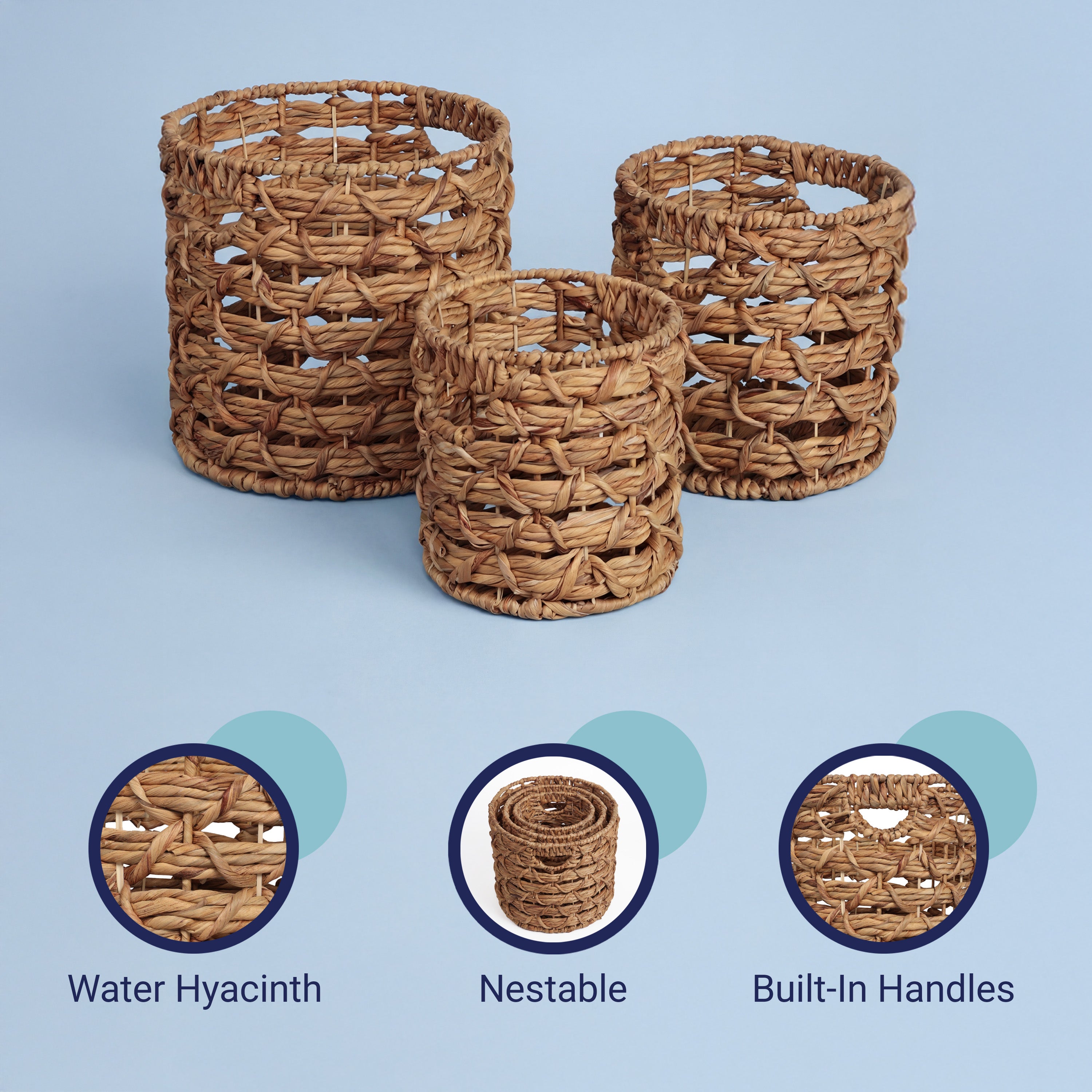 Lattice Bohemian Coastal Handwoven Rope Nesting Baskets with Handles