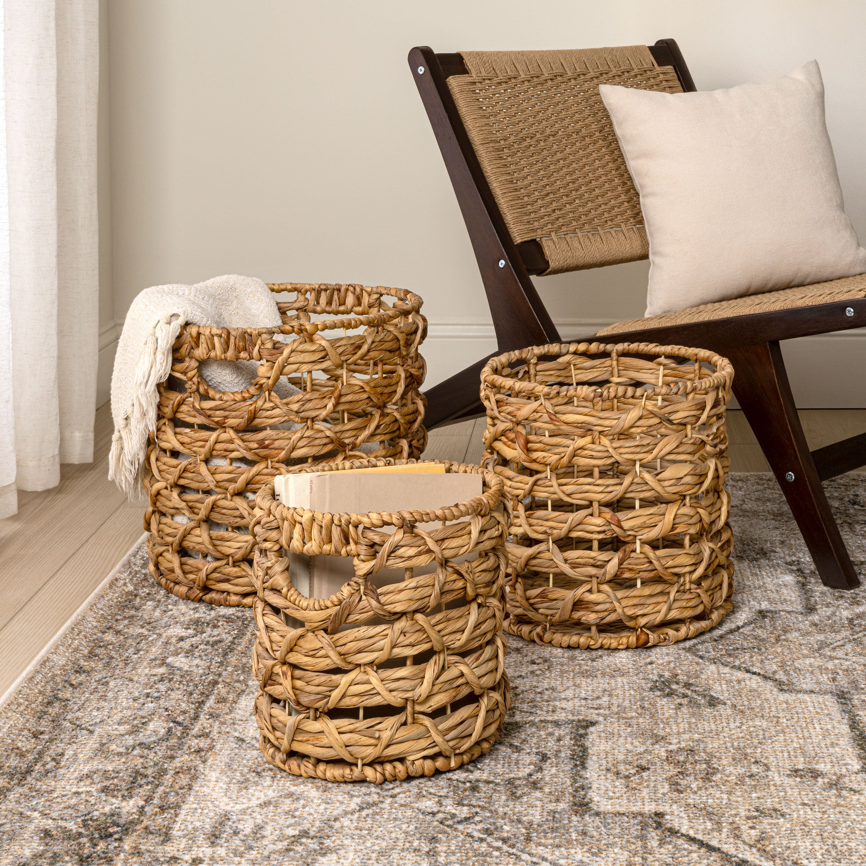 Lattice Bohemian Coastal Handwoven Rope Nesting Baskets with Handles