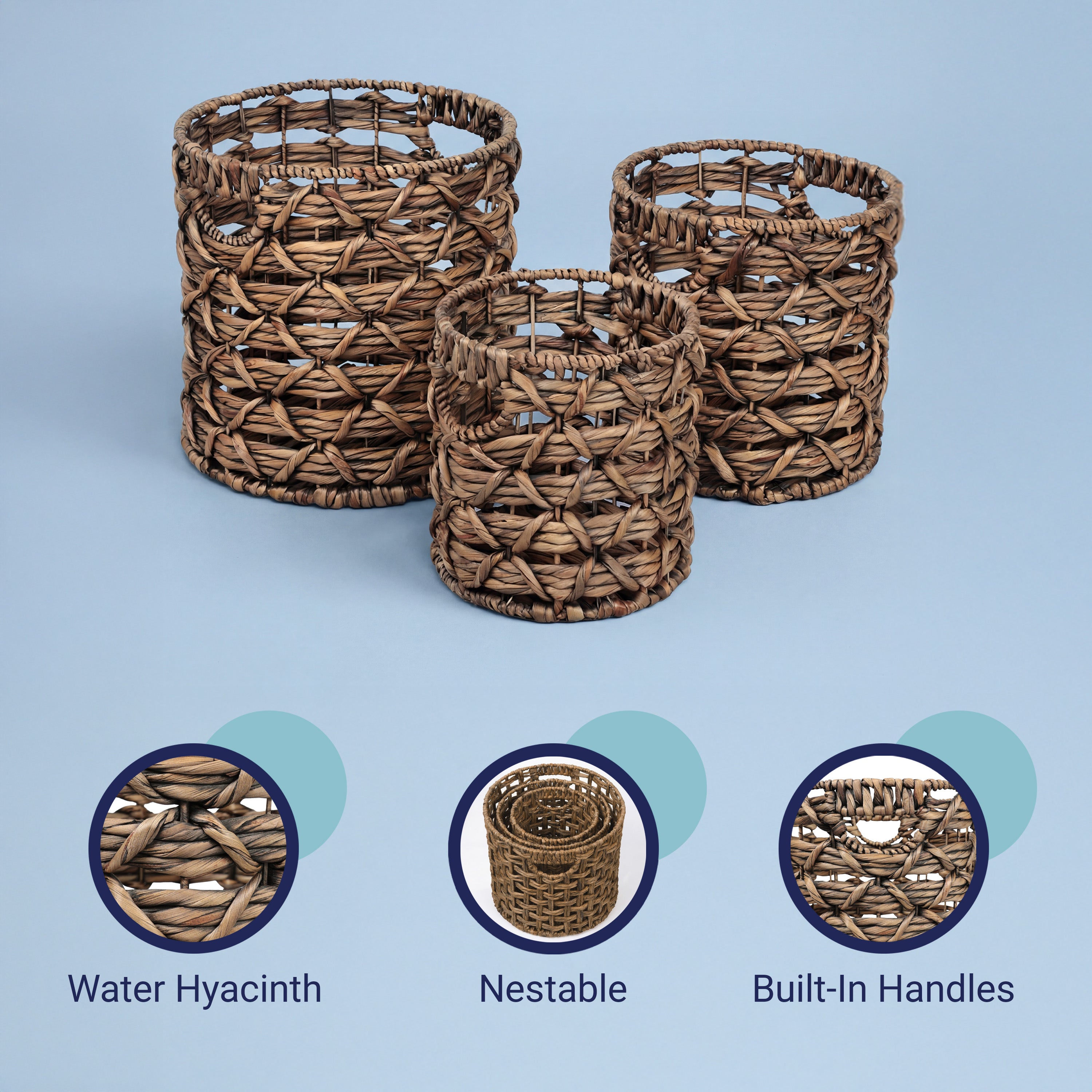 Lattice Bohemian Coastal Handwoven Rope Nesting Baskets with Handles