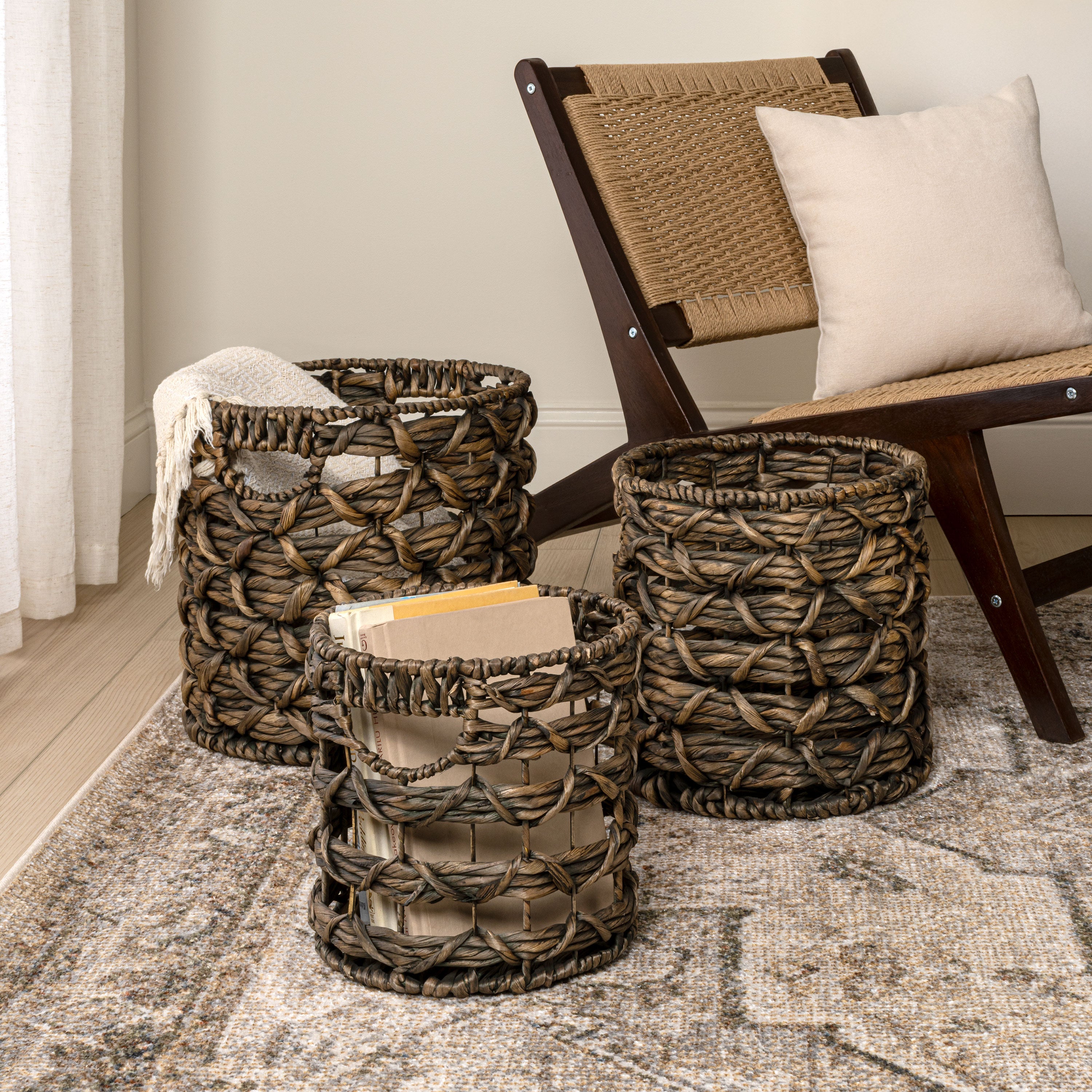 Lattice Bohemian Coastal Handwoven Rope Nesting Baskets with Handles