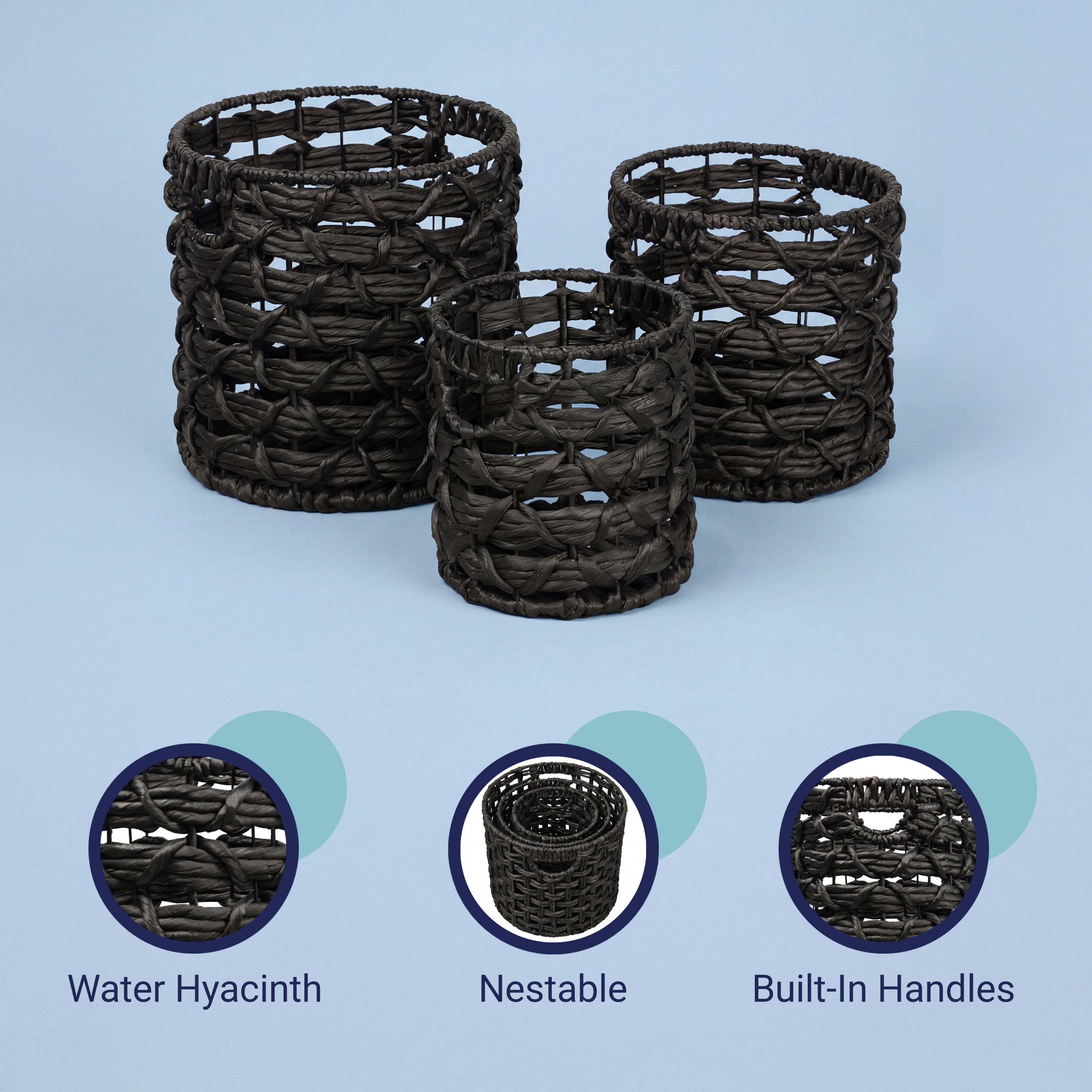 Lattice Bohemian Coastal Handwoven Rope Nesting Baskets with Handles