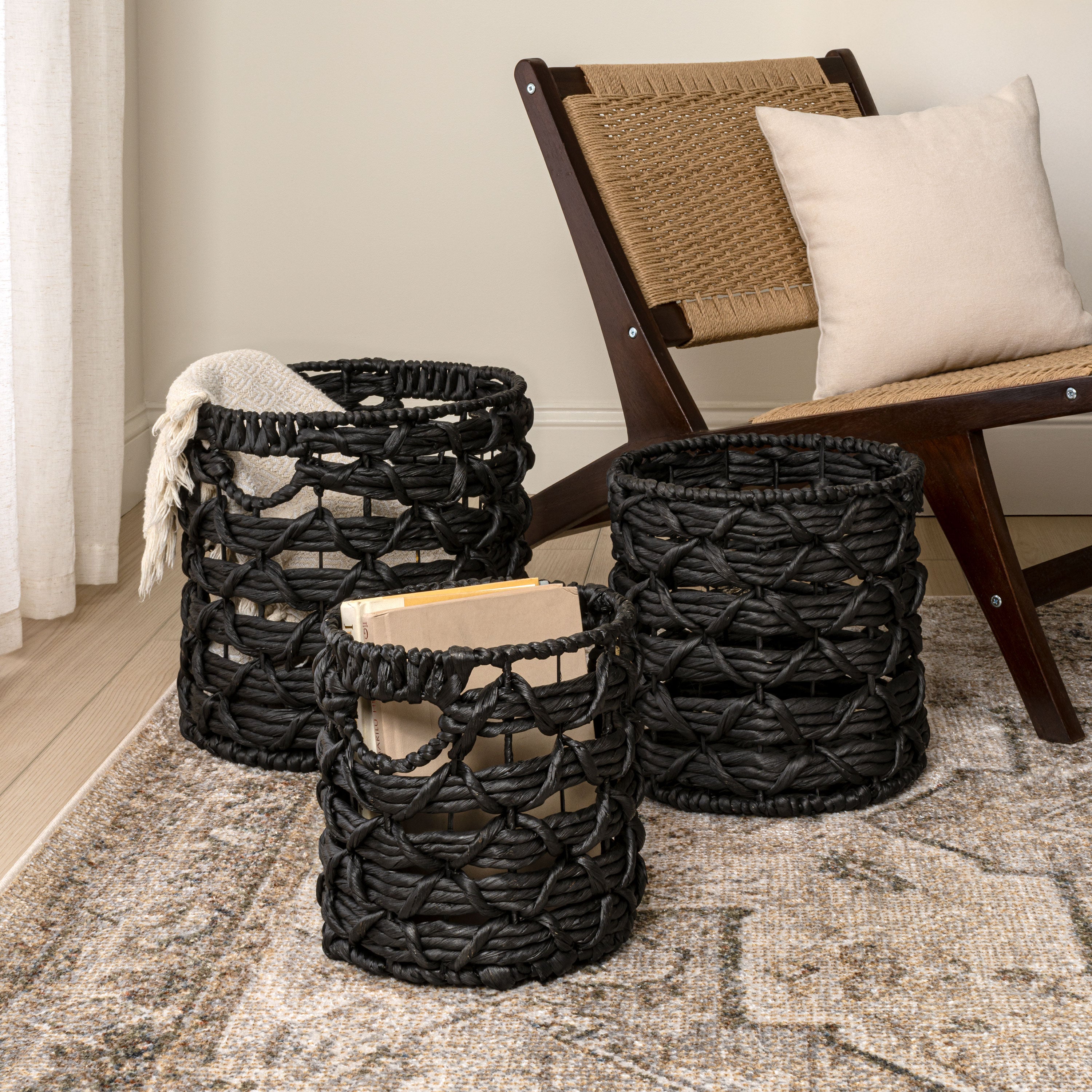 Lattice Bohemian Coastal Handwoven Rope Nesting Baskets with Handles
