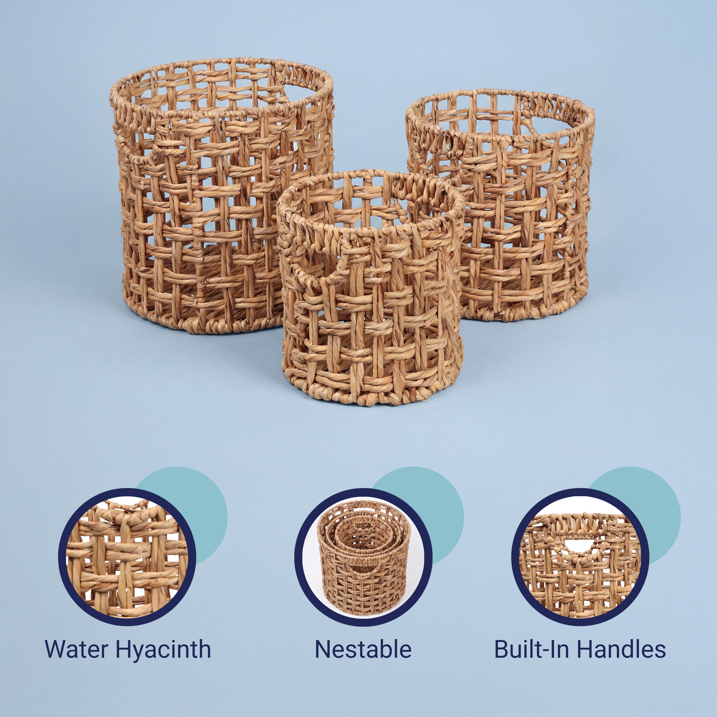 Lasuna Coastal Bohemian Handwoven Nesting Baskets with Handles