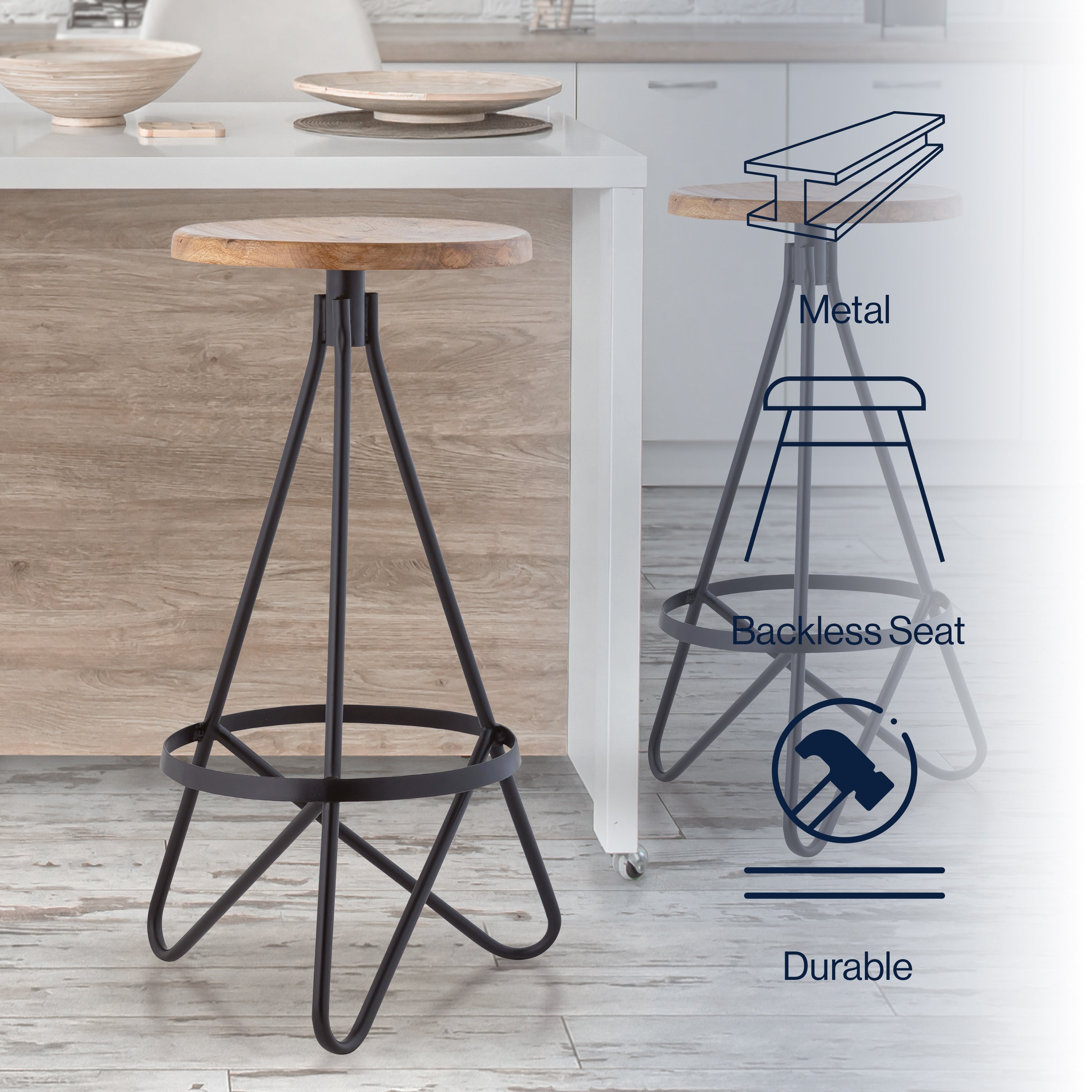 Spiroa Modern Industrial Metal/Wood Backless Circular Bar Stool