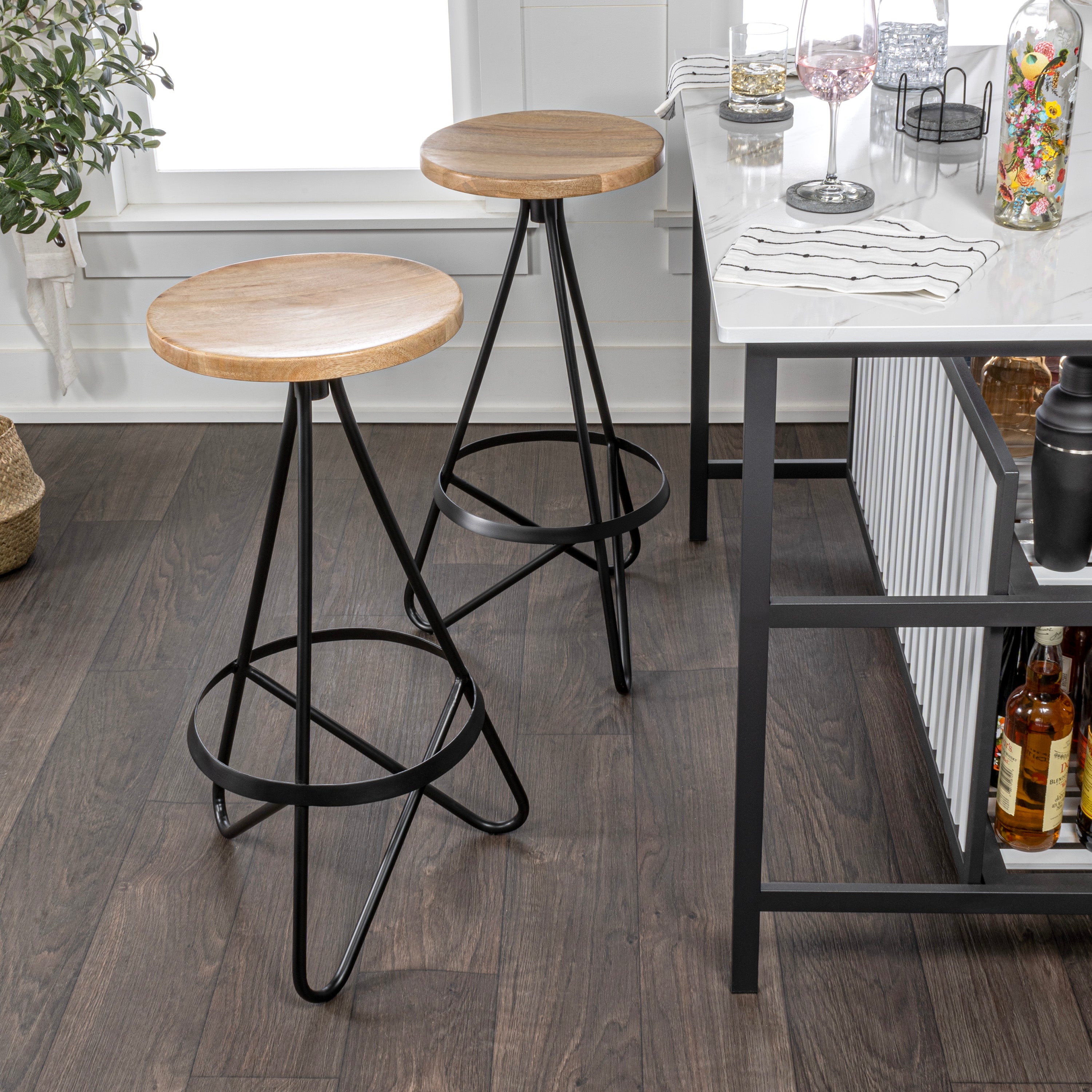 Spiroa Modern Industrial Metal/Wood Backless Circular Bar Stool