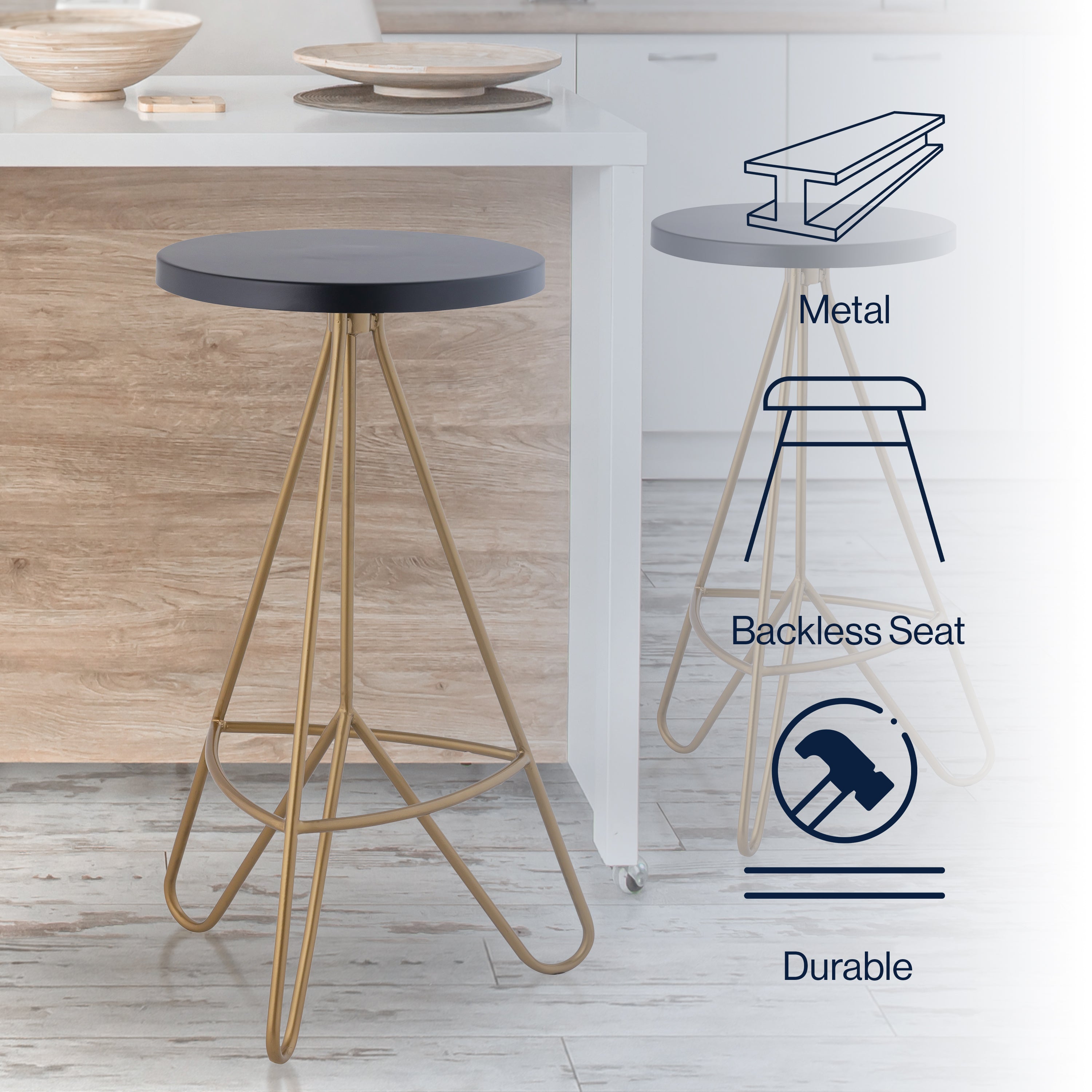 Trinity Modern Industiral Iron Tripod Backless Bar Stool