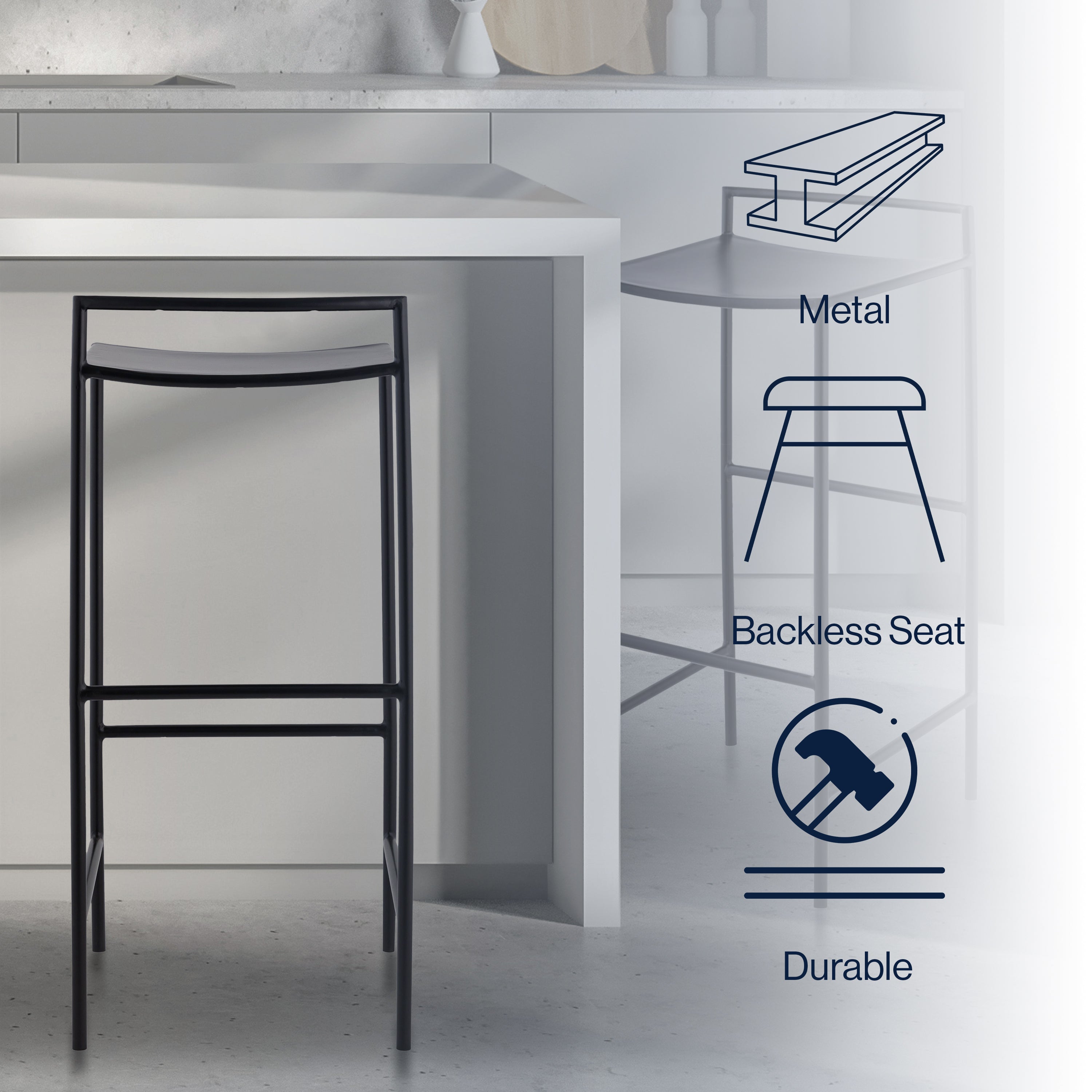Svelte Coastal Contemporary Iron Saddle-Seat Low-Back Bar Stool with Foot Rest
