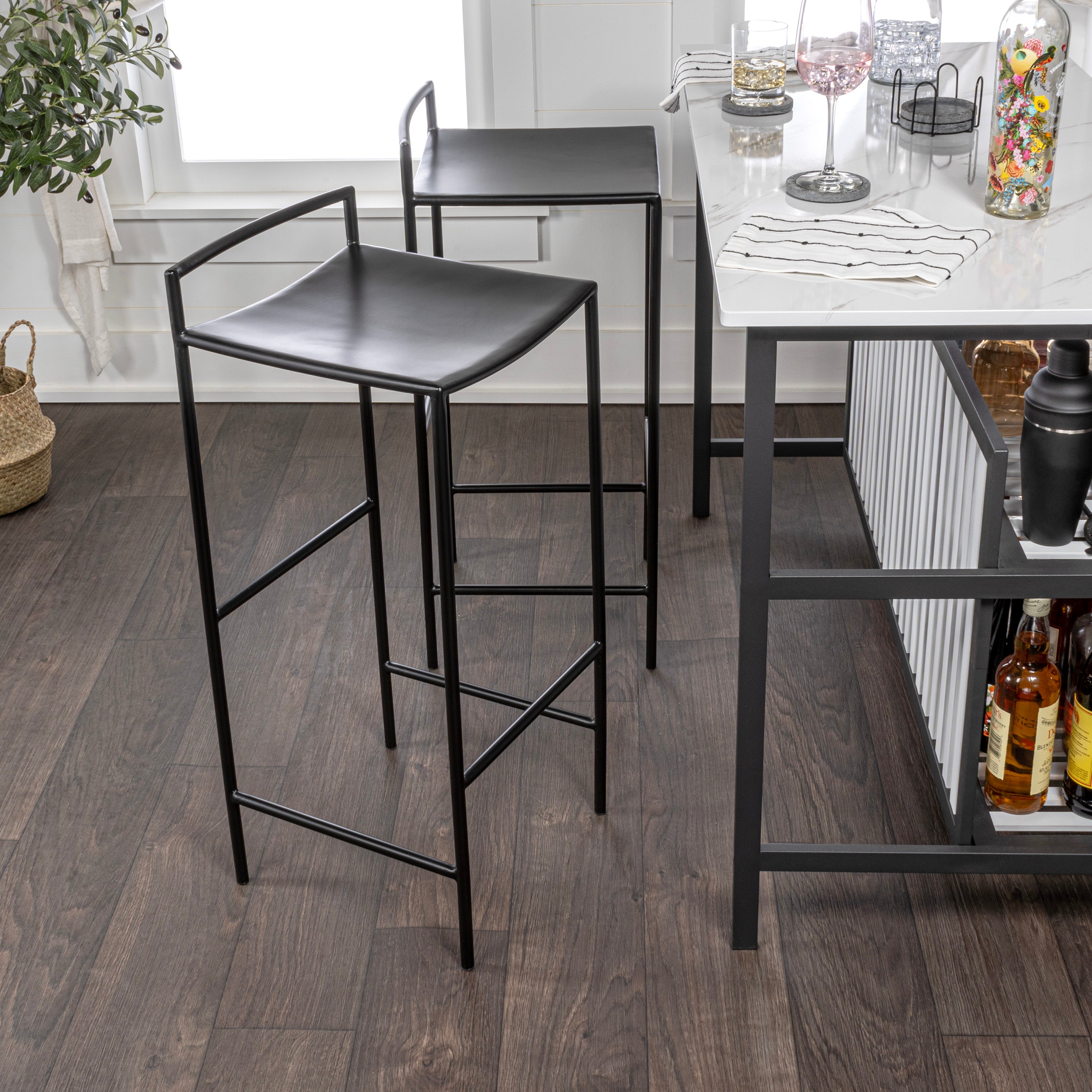 Svelte Coastal Contemporary Iron Saddle-Seat Low-Back Bar Stool with Foot Rest