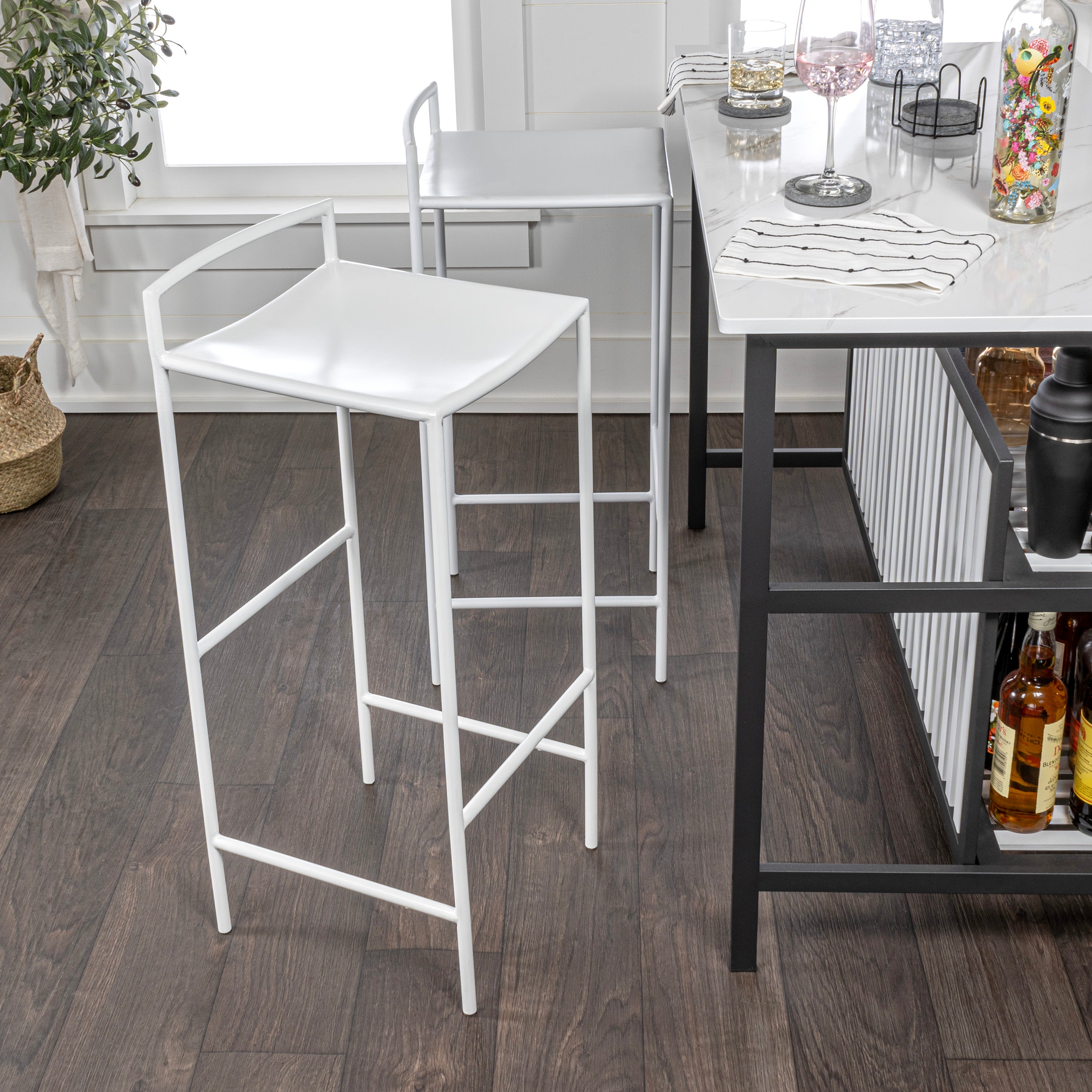 Svelte Coastal Contemporary Iron Saddle-Seat Low-Back Bar Stool with Foot Rest