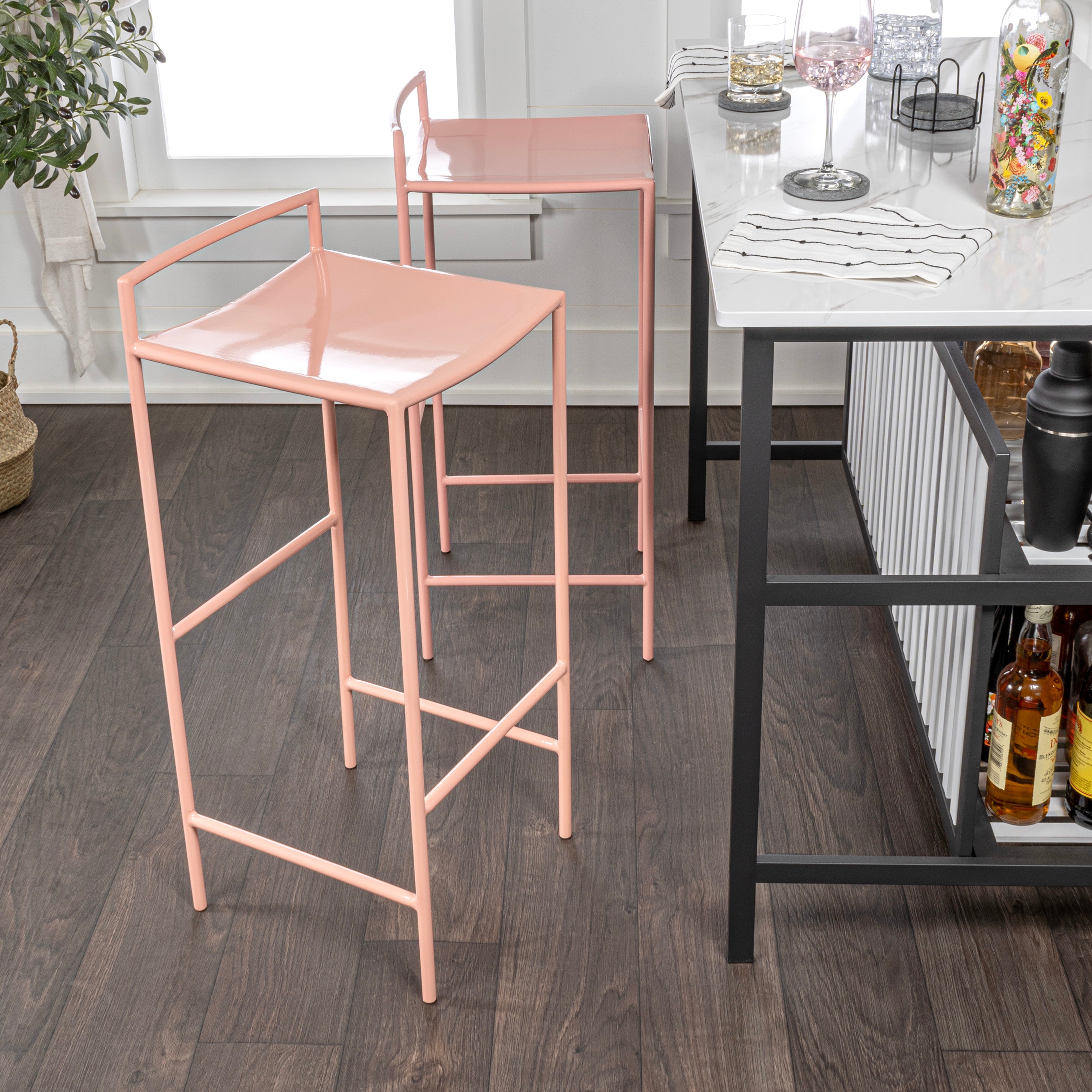 Svelte Coastal Contemporary Iron Saddle-Seat Low-Back Bar Stool with Foot Rest