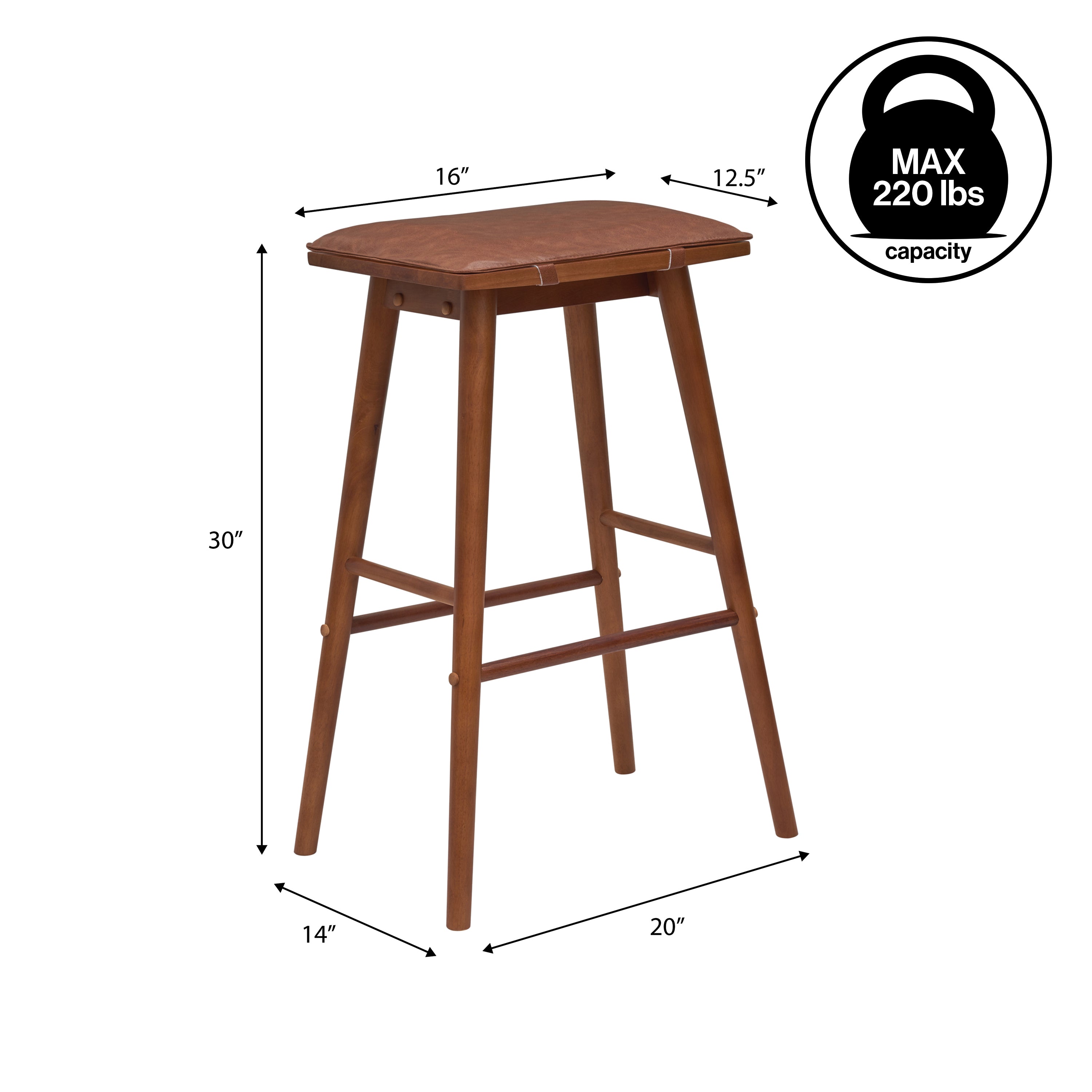 Peron MidCentury Classic Saddle-Seat Solid Wood/Vegan Leather Backless Bar Stool with Removeable Cushion