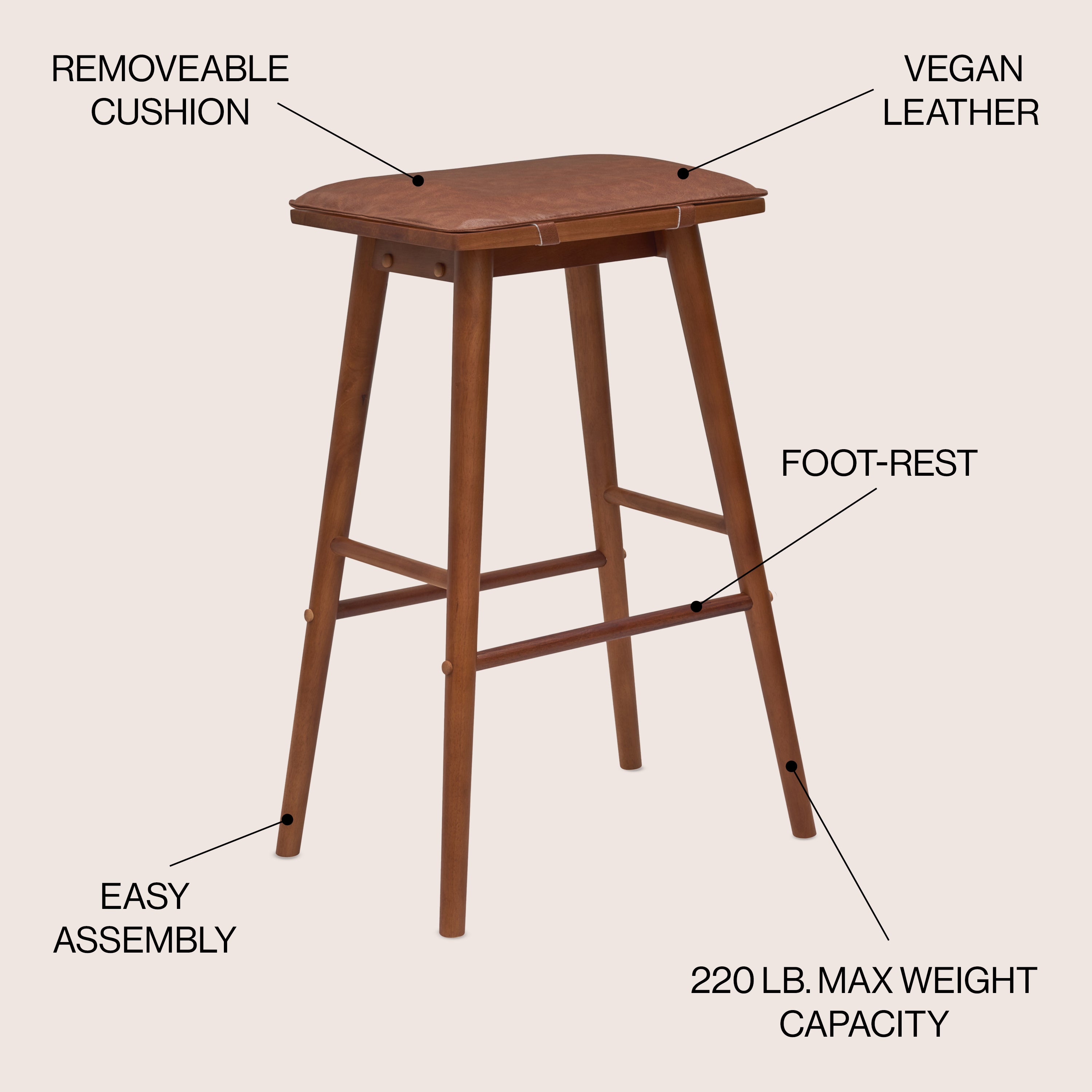 Peron MidCentury Classic Saddle-Seat Solid Wood/Vegan Leather Backless Bar Stool with Removeable Cushion